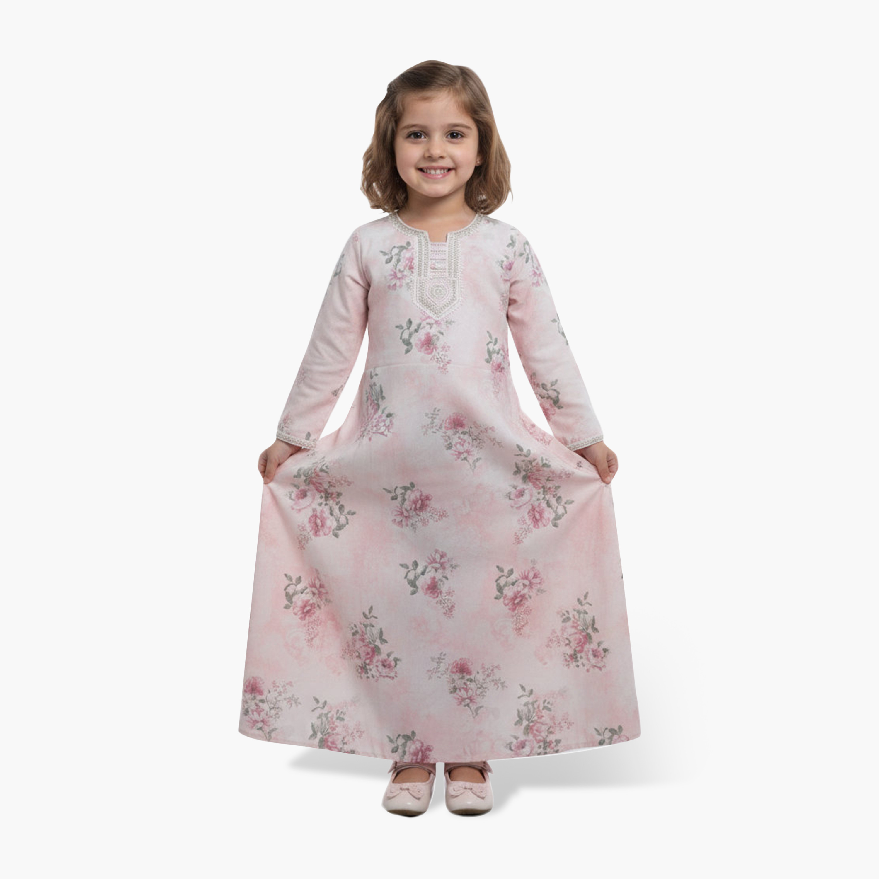 جلابية بناتي بطبعة زهور - وردي من هنا أند سارة-girls-arabicclothing-jalabiyas-image-2