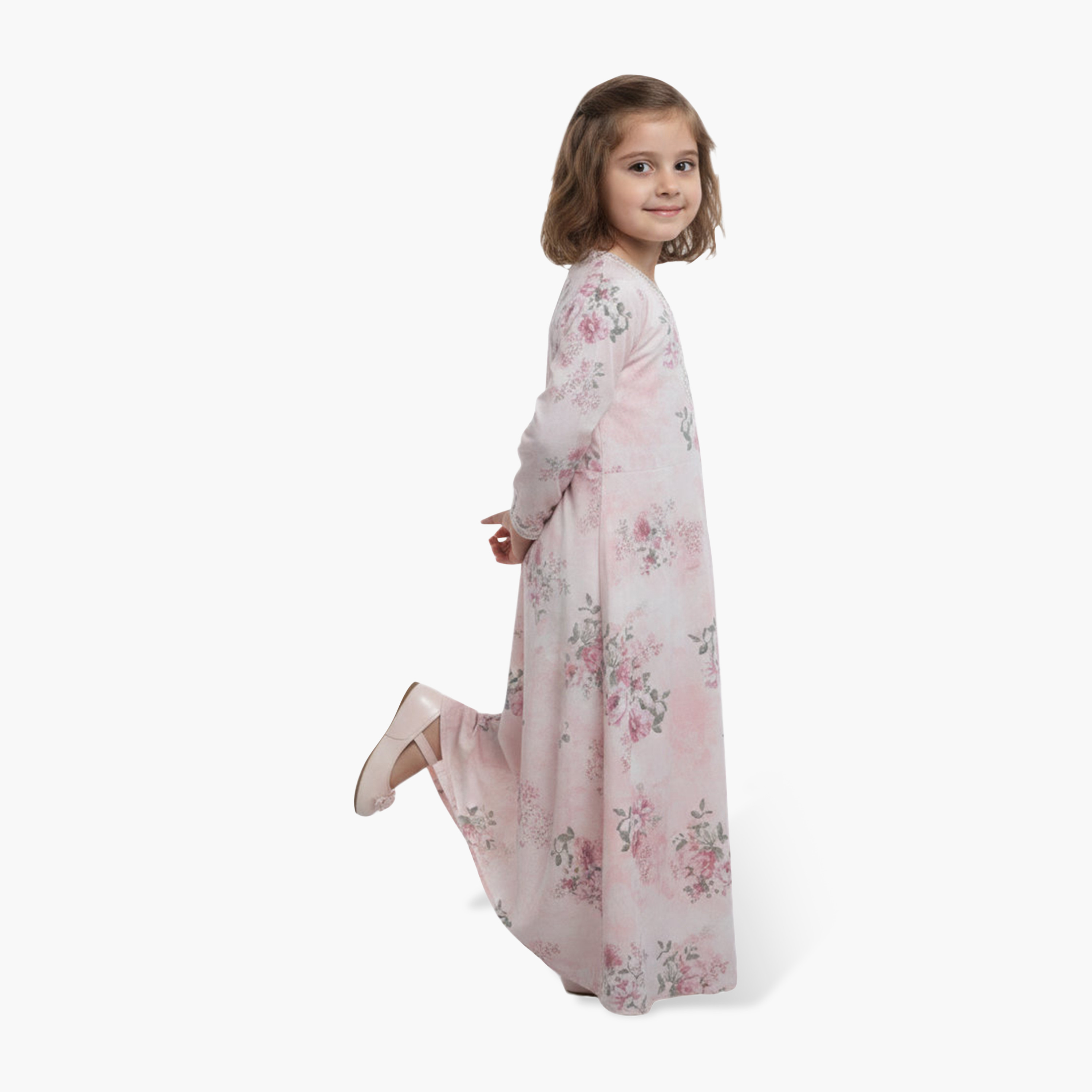 جلابية بناتي بطبعة زهور - وردي من هنا أند سارة-girls-arabicclothing-jalabiyas-image-3