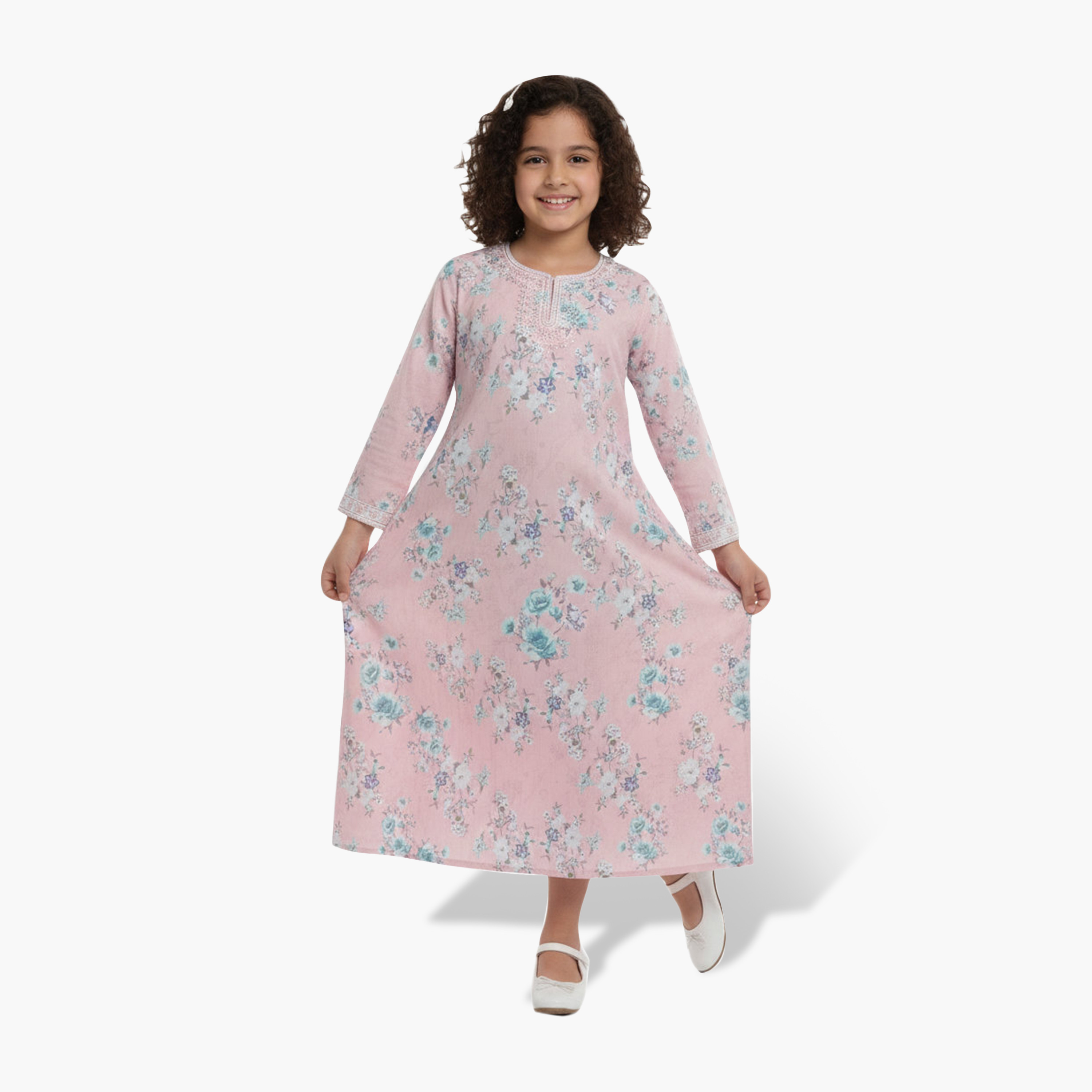 HanaandSara Embroidered Yoke Floral Print Girls Jalabiya-girls-arabicclothing-jalabiyas-image-3