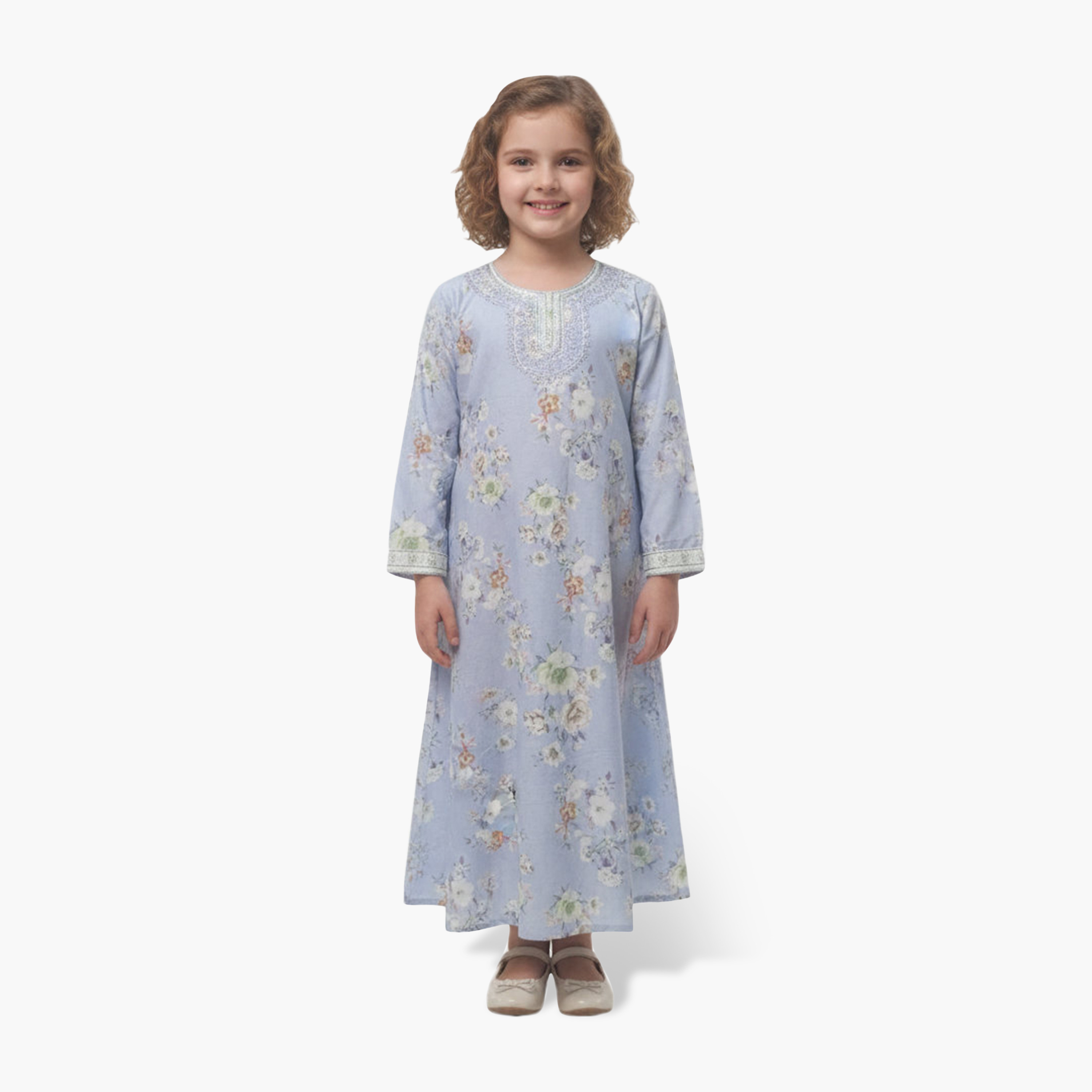 جلابية بناتي بصدرية مطرزة وطبعة زهور من هنا أند سارة-girls-arabicclothing-jalabiyas-image-1