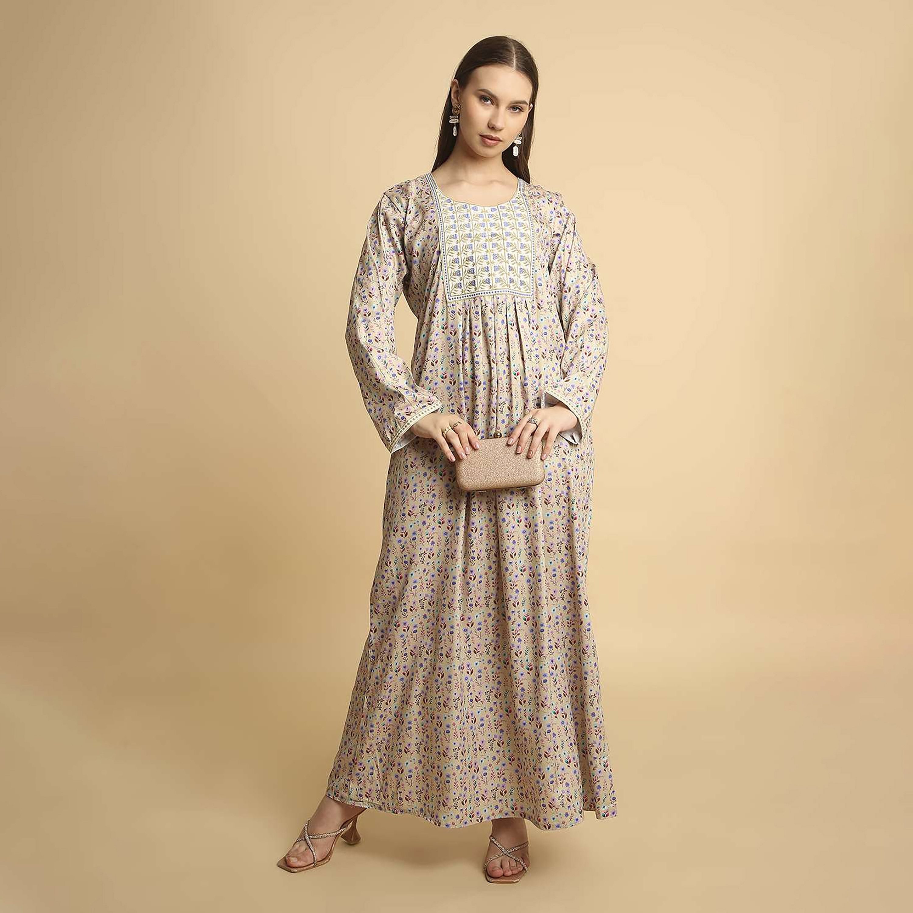 HanaandSara Floral Print Embroidered Yoke Round Neck Satin Women's Jalabiya-women-arabicclothing-jalabiyas-image-11