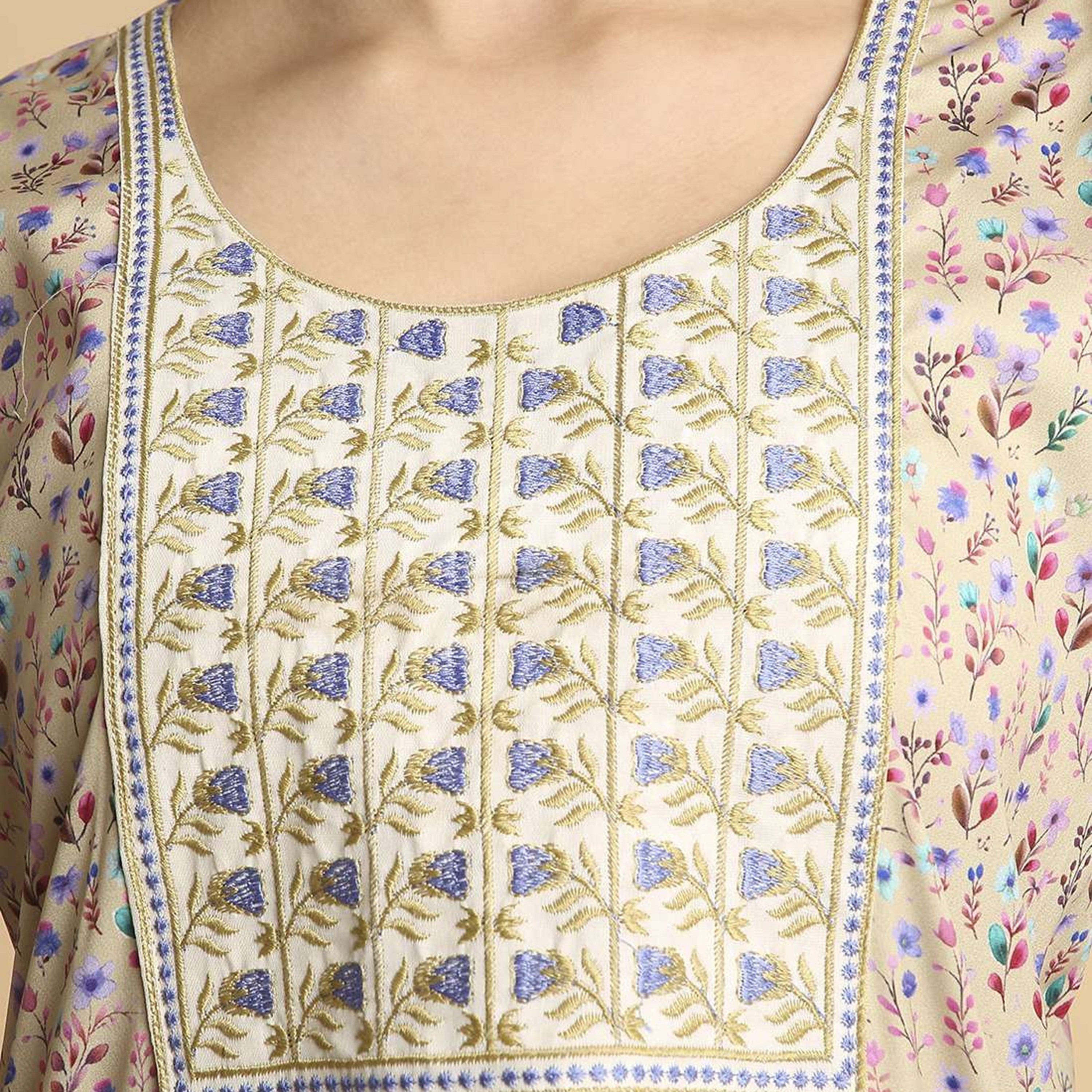 HanaandSara Floral Print Embroidered Yoke Round Neck Satin Women's Jalabiya-women-arabicclothing-jalabiyas-image-12