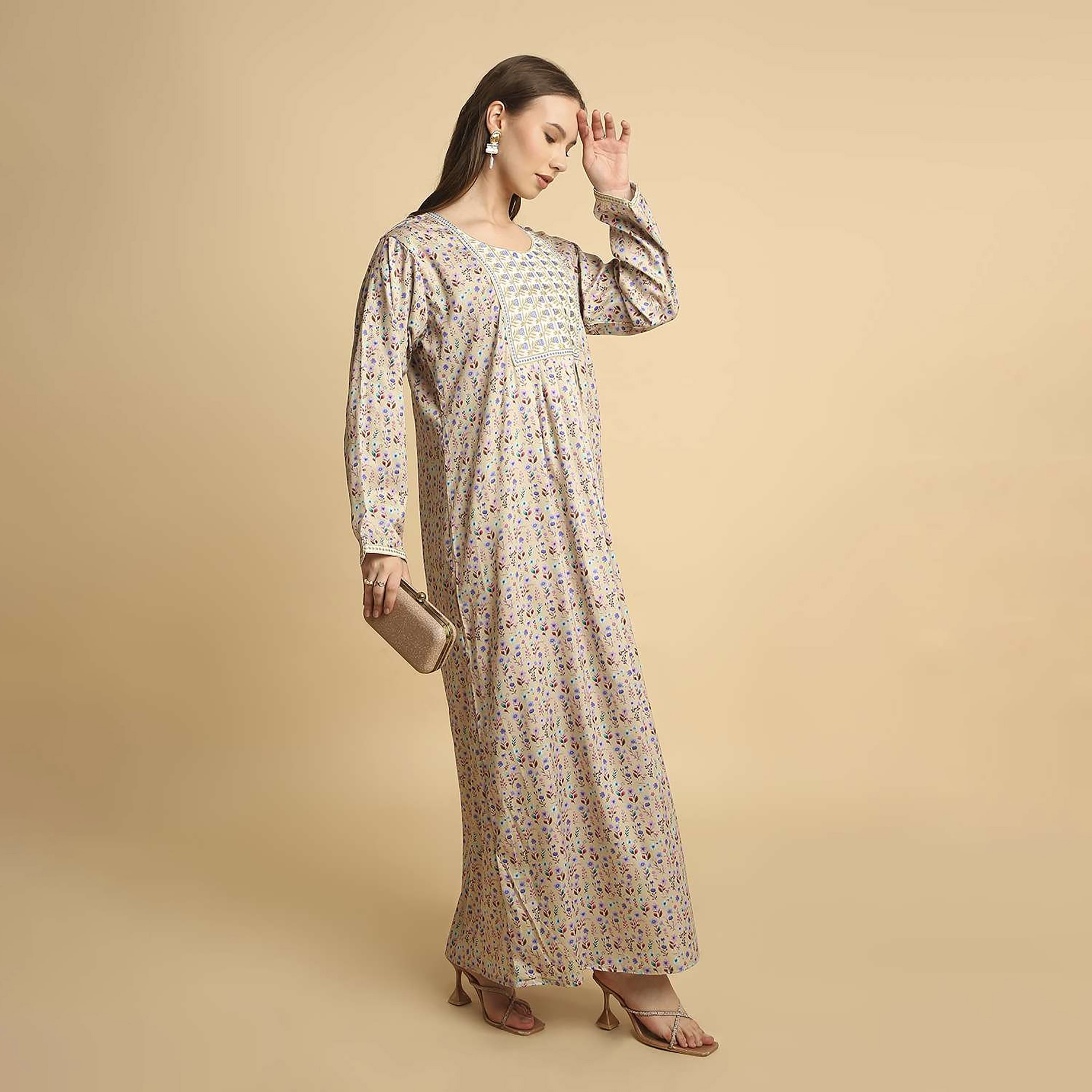 HanaandSara Floral Print Embroidered Yoke Round Neck Satin Women's Jalabiya-women-arabicclothing-jalabiyas-image-13