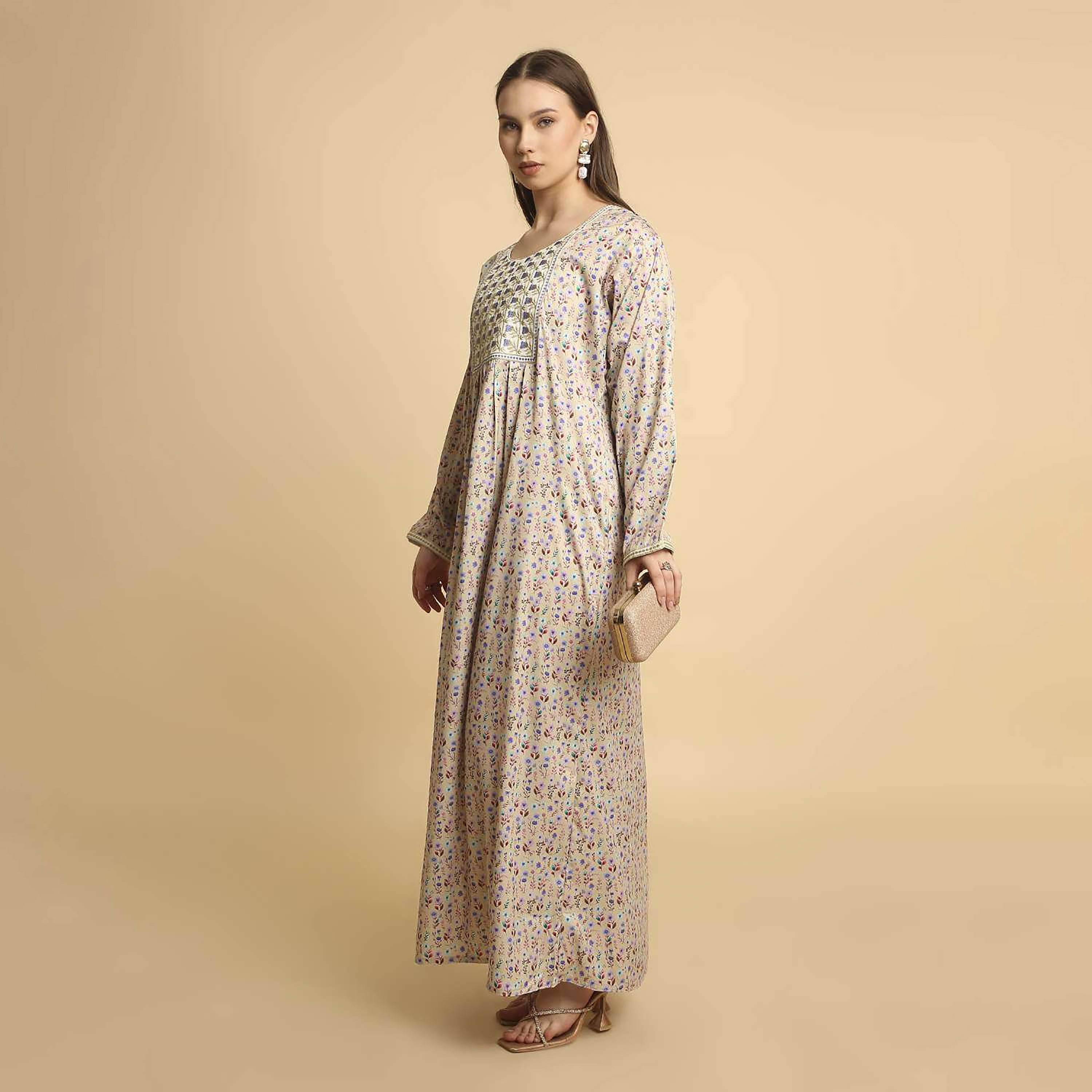 HanaandSara Floral Print Embroidered Yoke Round Neck Satin Women's Jalabiya-women-arabicclothing-jalabiyas-image-14
