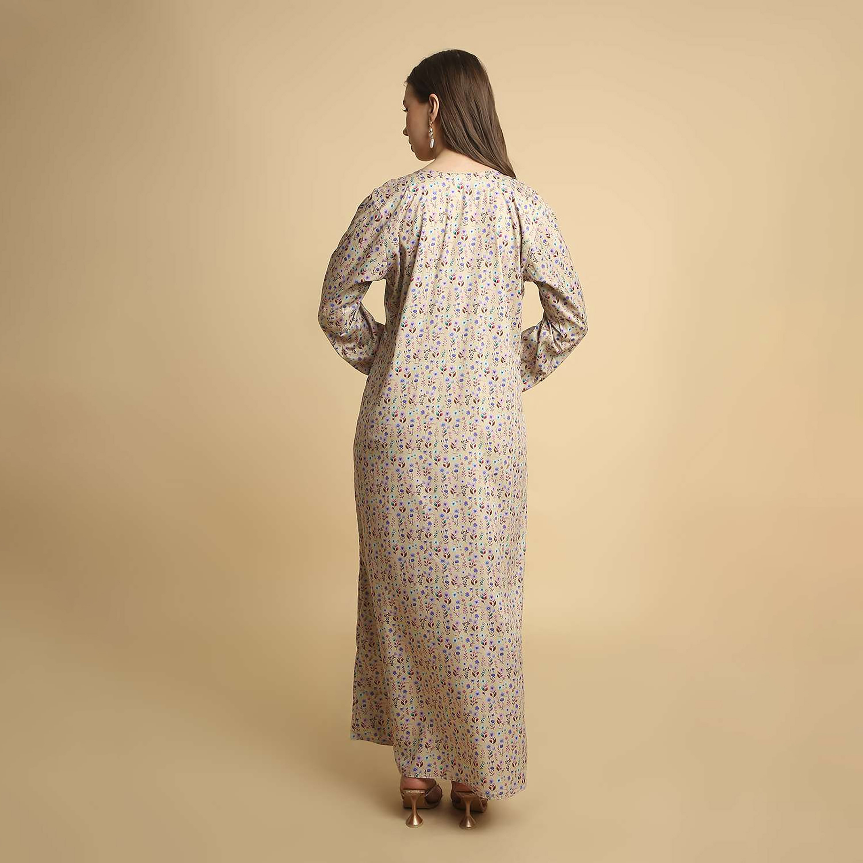 HanaandSara Floral Print Embroidered Yoke Round Neck Satin Women's Jalabiya-women-arabicclothing-jalabiyas-image-15