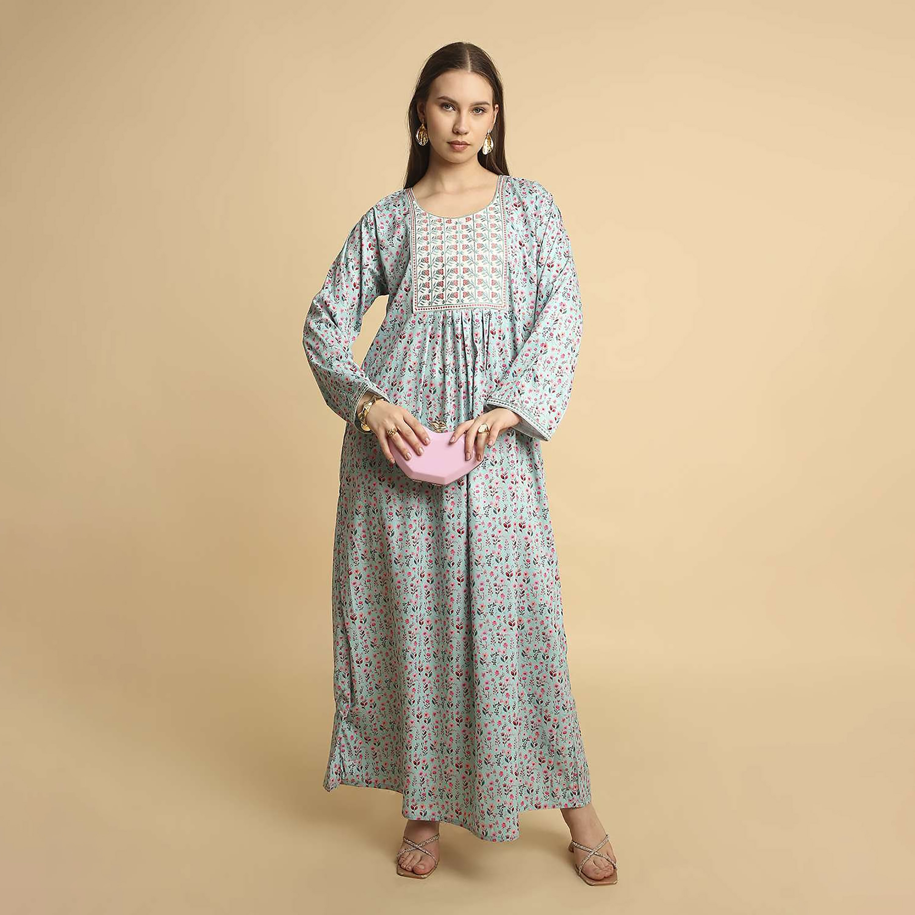 HanaandSara Floral Print Embroidered Yoke Round Neck Satin Women's Jalabiya-women-arabicclothing-jalabiyas-image-1