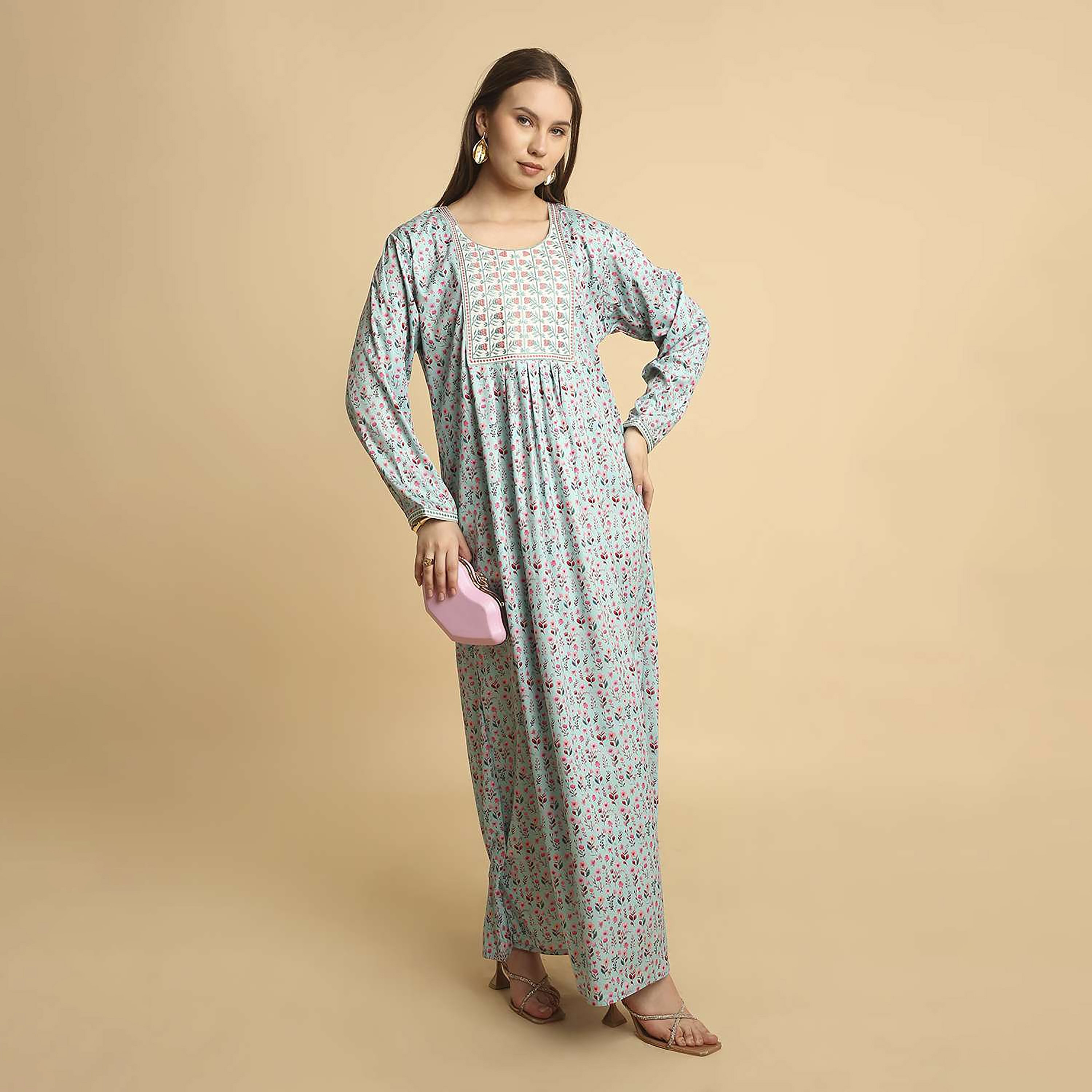 HanaandSara Floral Print Embroidered Yoke Round Neck Satin Women's Jalabiya-women-arabicclothing-jalabiyas-image-4