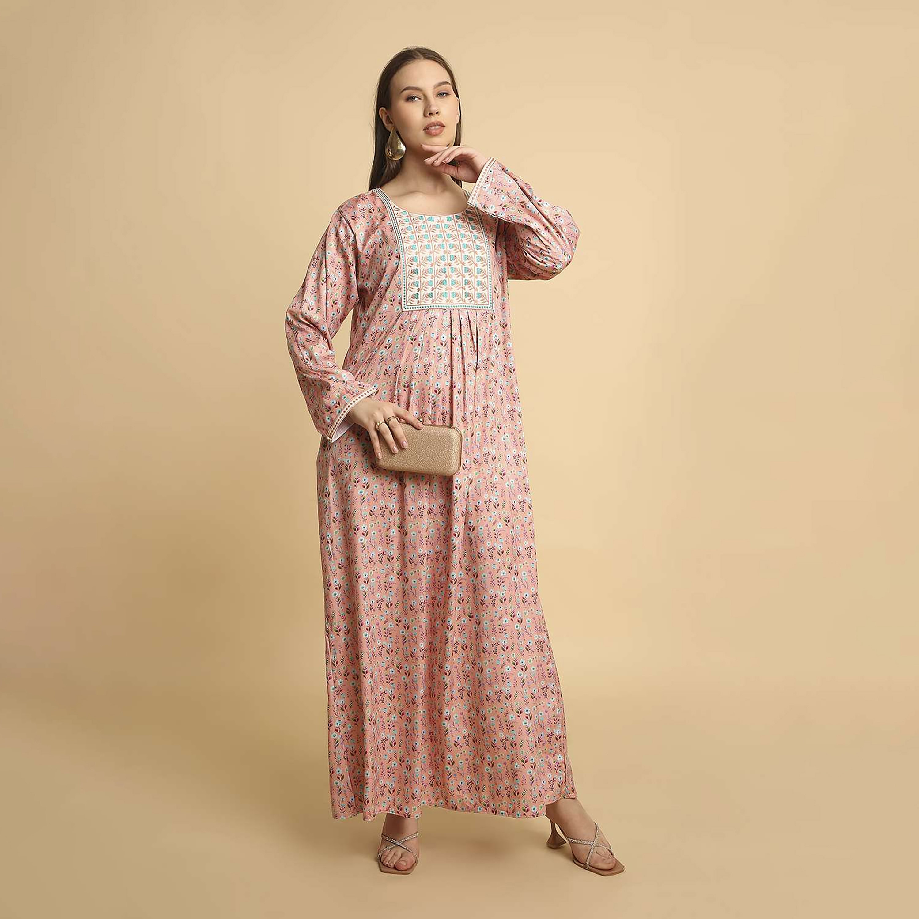 HanaandSara Floral Print Embroidered Yoke Round Neck Satin Women's Jalabiya-women-arabicclothing-jalabiyas-image-6