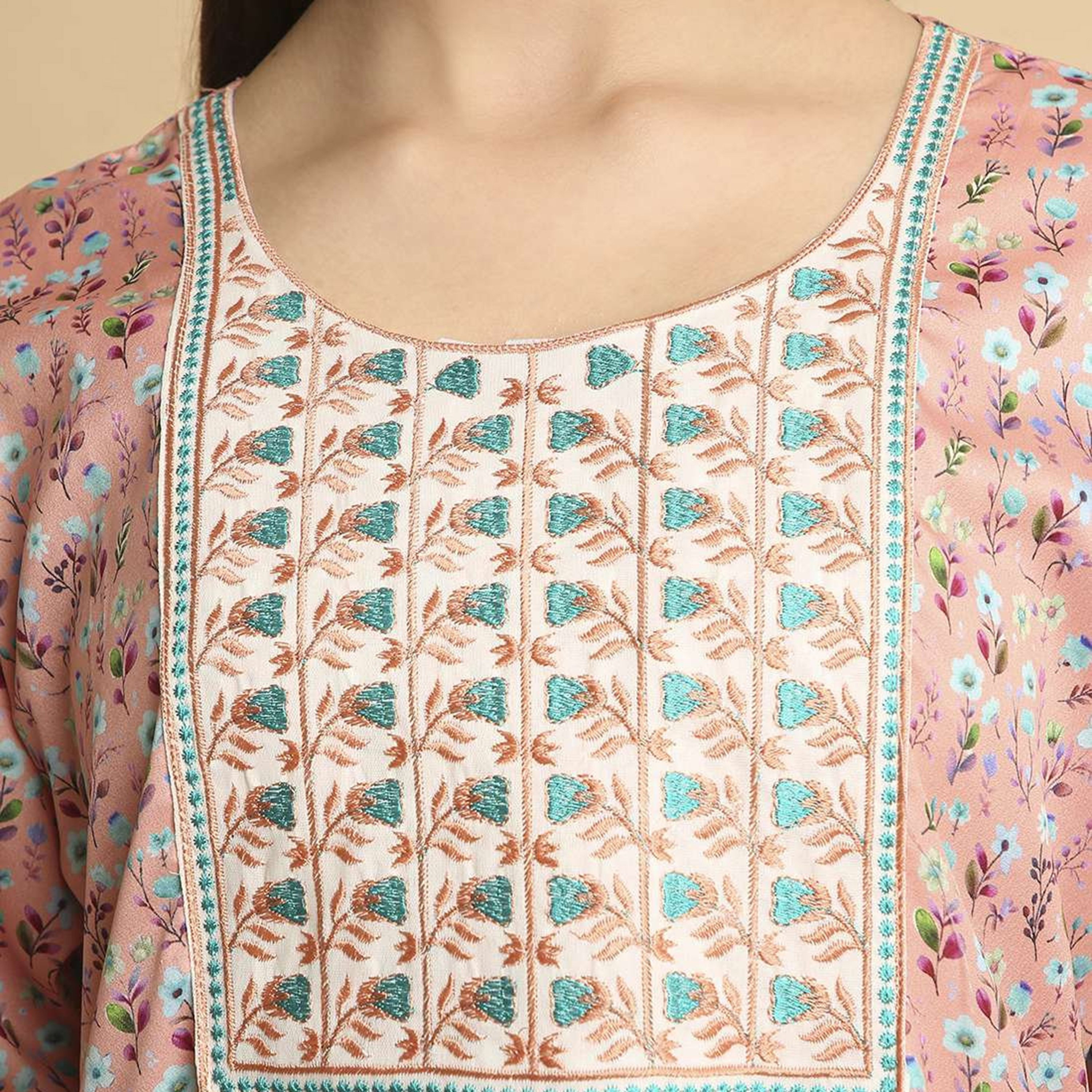 HanaandSara Floral Print Embroidered Yoke Round Neck Satin Women's Jalabiya-women-arabicclothing-jalabiyas-image-7