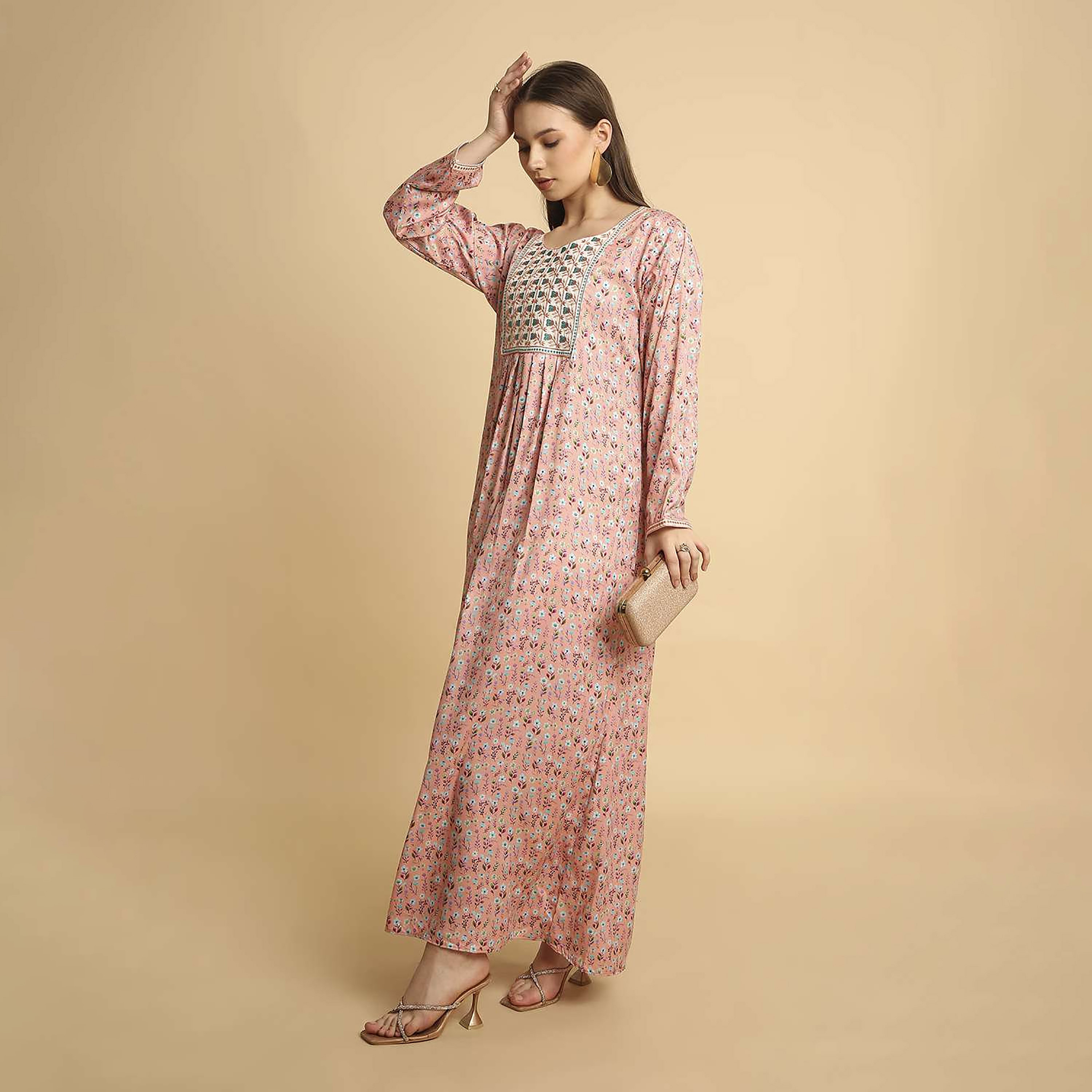 HanaandSara Floral Print Embroidered Yoke Round Neck Satin Women's Jalabiya-women-arabicclothing-jalabiyas-image-8