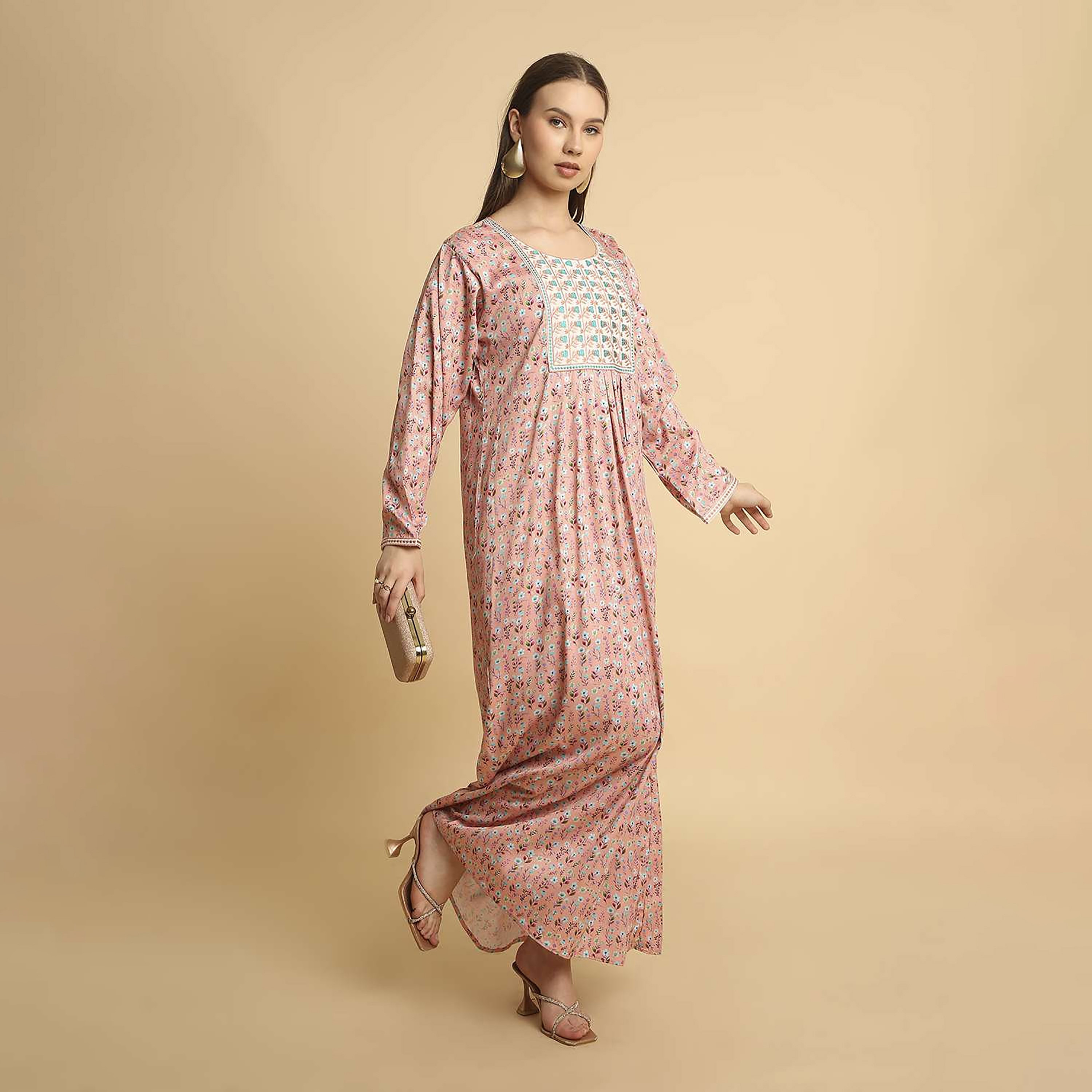 HanaandSara Floral Print Embroidered Yoke Round Neck Satin Women's Jalabiya-women-arabicclothing-jalabiyas-image-9