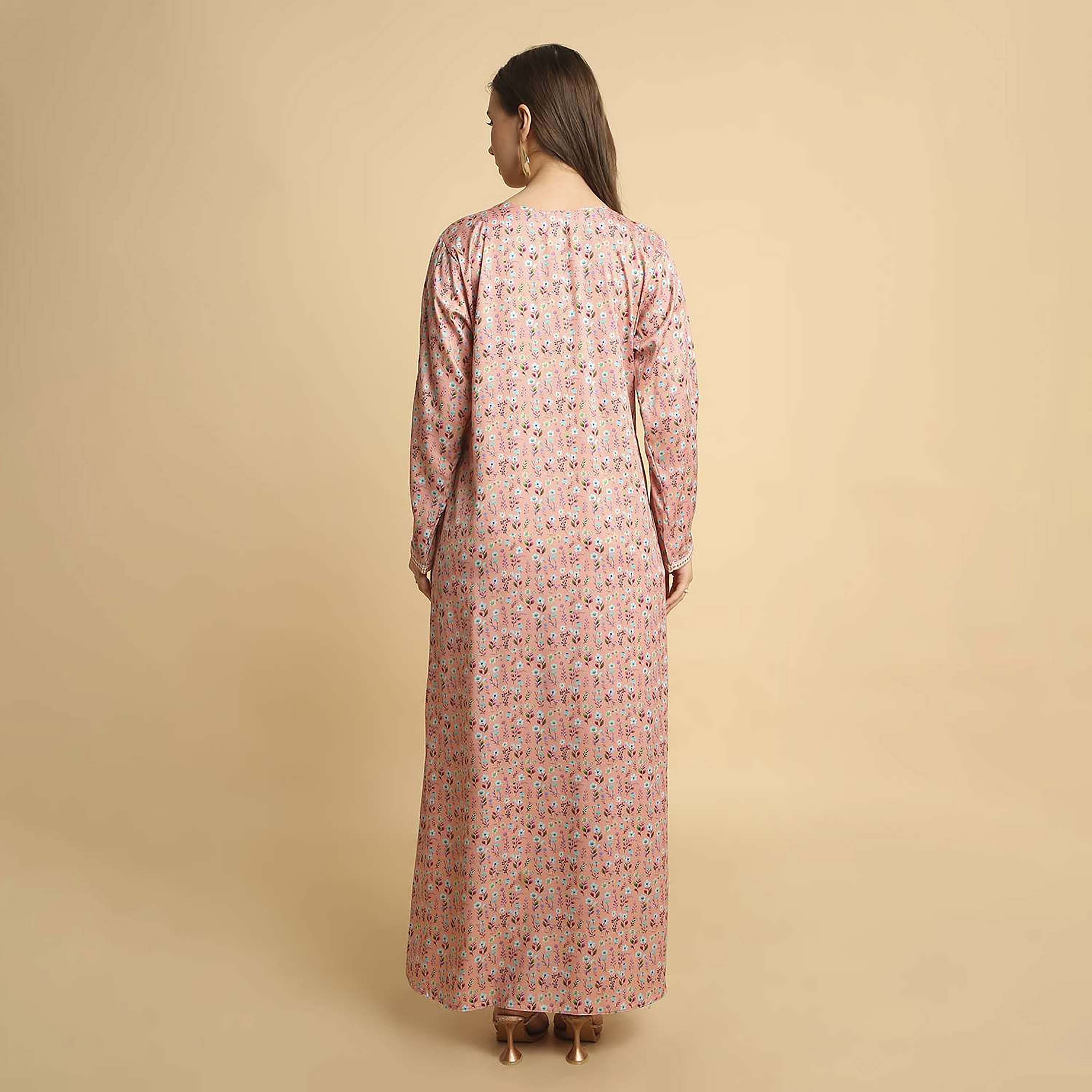 HanaandSara Floral Print Embroidered Yoke Round Neck Satin Women's Jalabiya-women-arabicclothing-jalabiyas-image-10