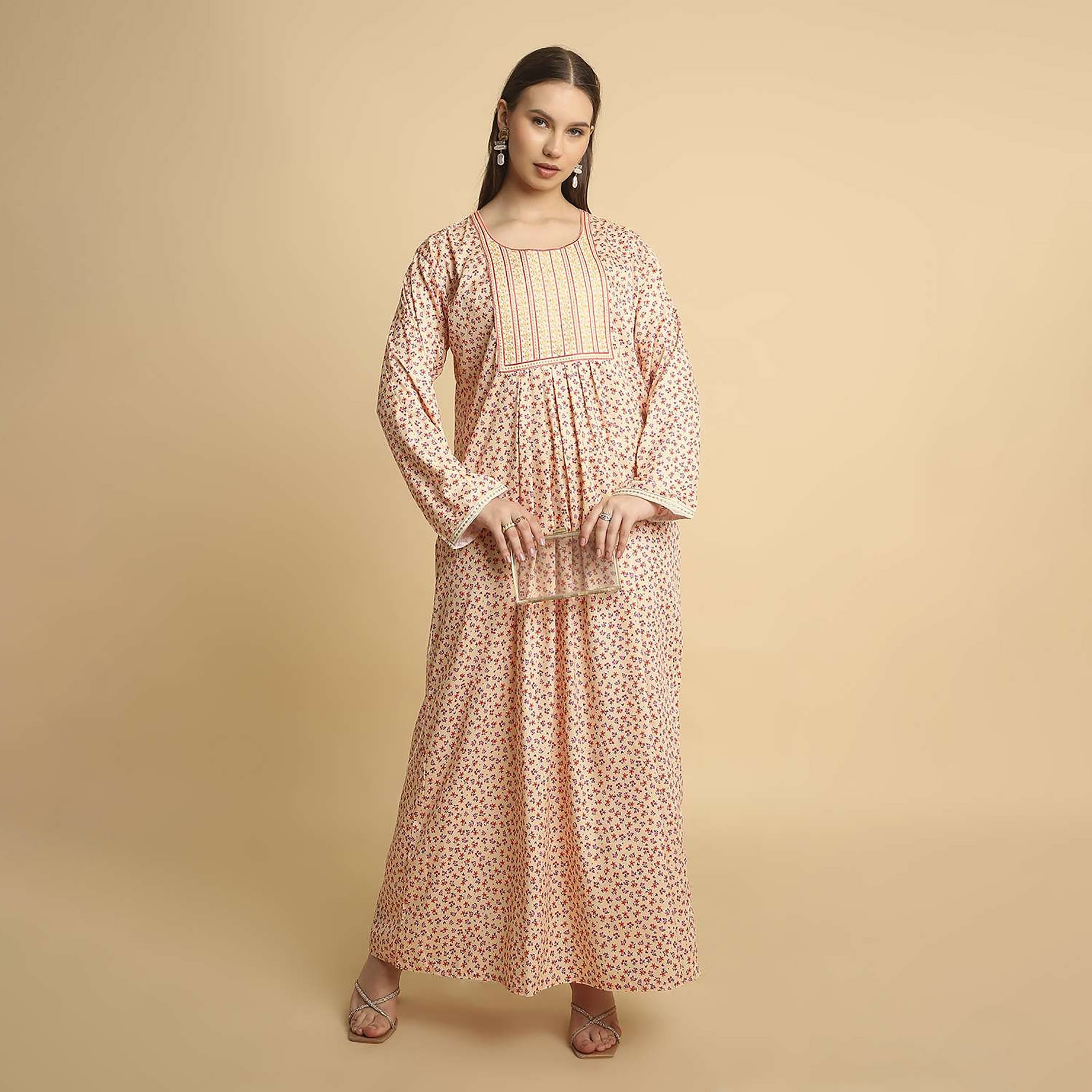 HanaandSara Floral Print Embroidered Yoke Round Neck Satin Women's Jalabiya-women-arabicclothing-jalabiyas-image-6