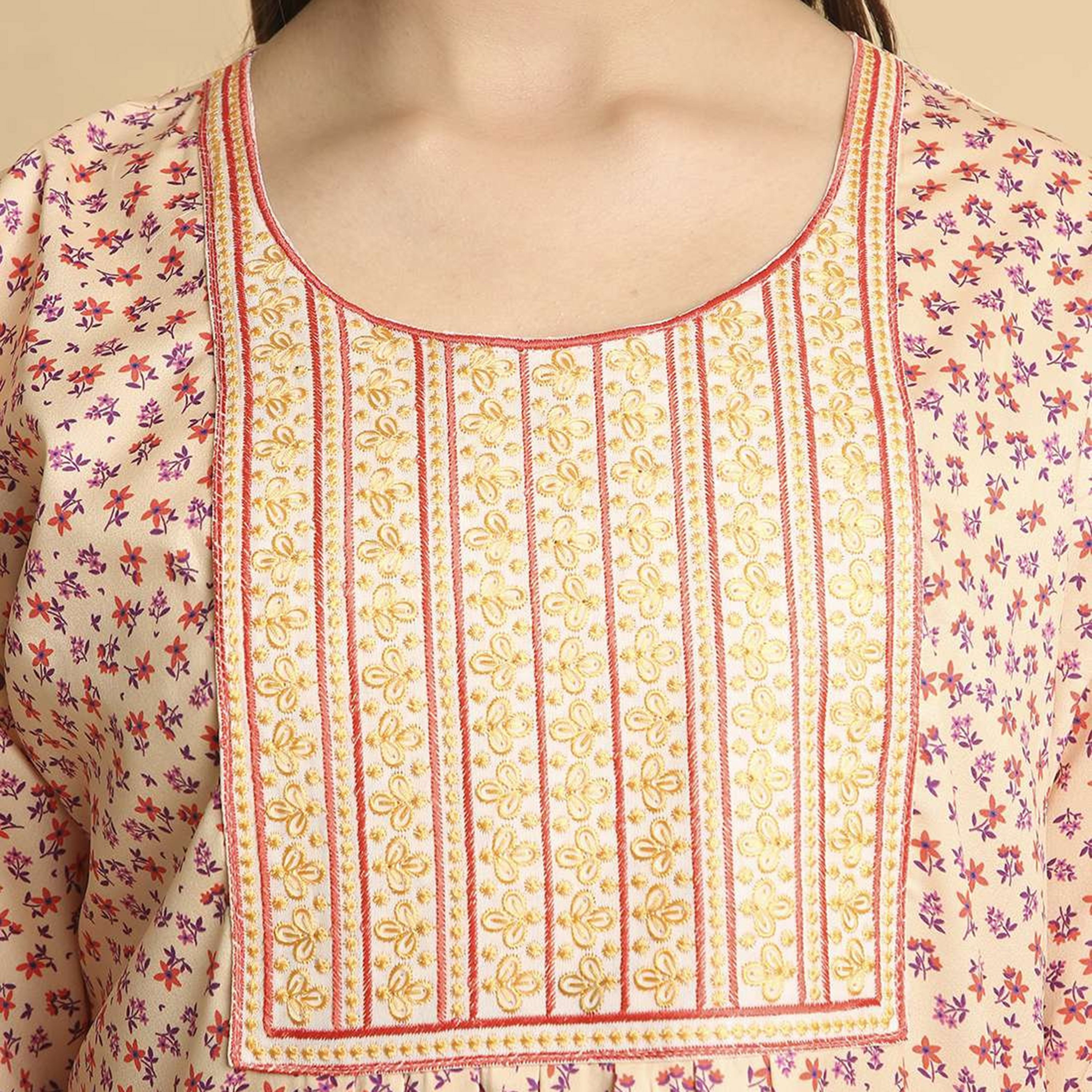 HanaandSara Floral Print Embroidered Yoke Round Neck Satin Women's Jalabiya-women-arabicclothing-jalabiyas-image-7