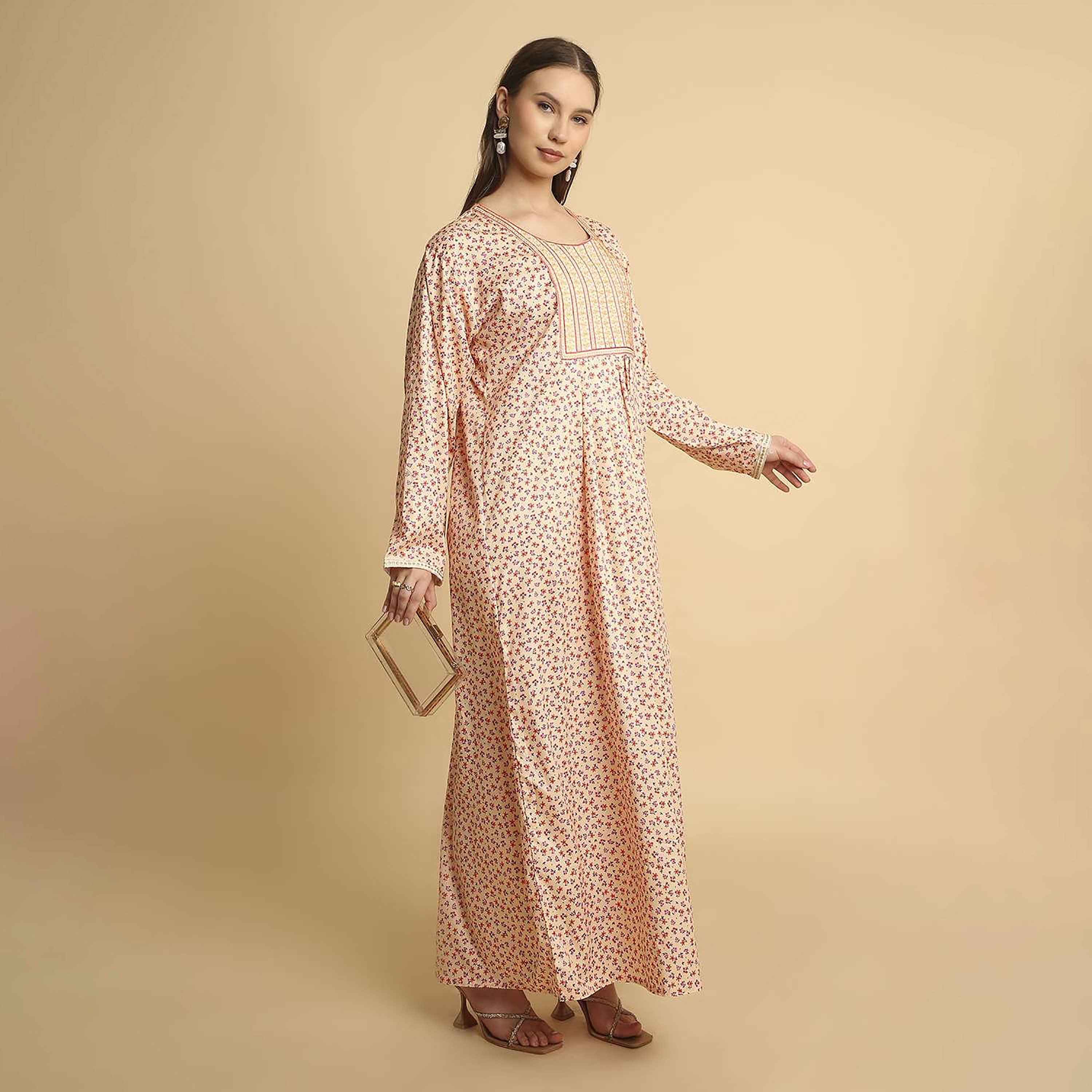 HanaandSara Floral Print Embroidered Yoke Round Neck Satin Women's Jalabiya-women-arabicclothing-jalabiyas-image-8