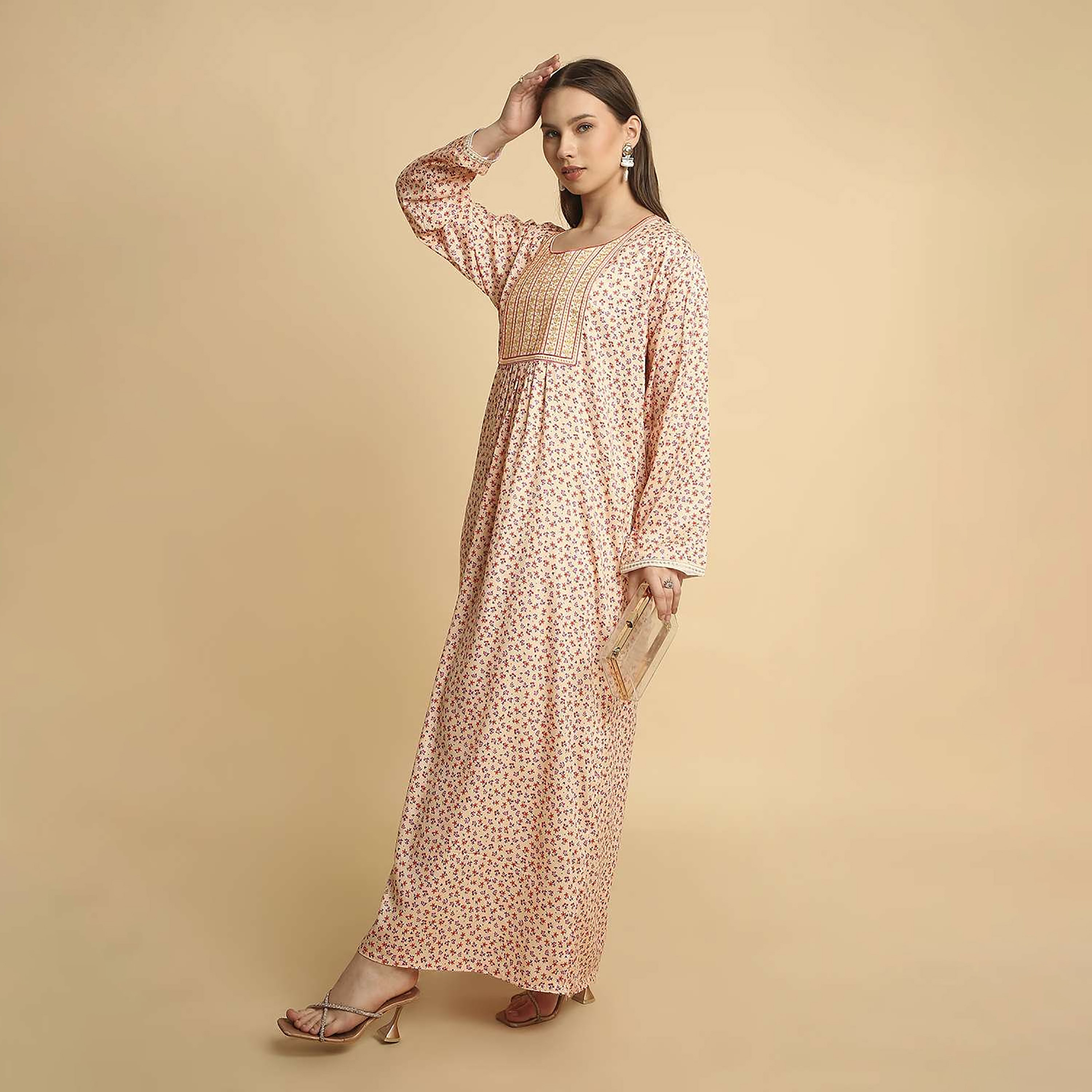HanaandSara Floral Print Embroidered Yoke Round Neck Satin Women's Jalabiya-women-arabicclothing-jalabiyas-image-9