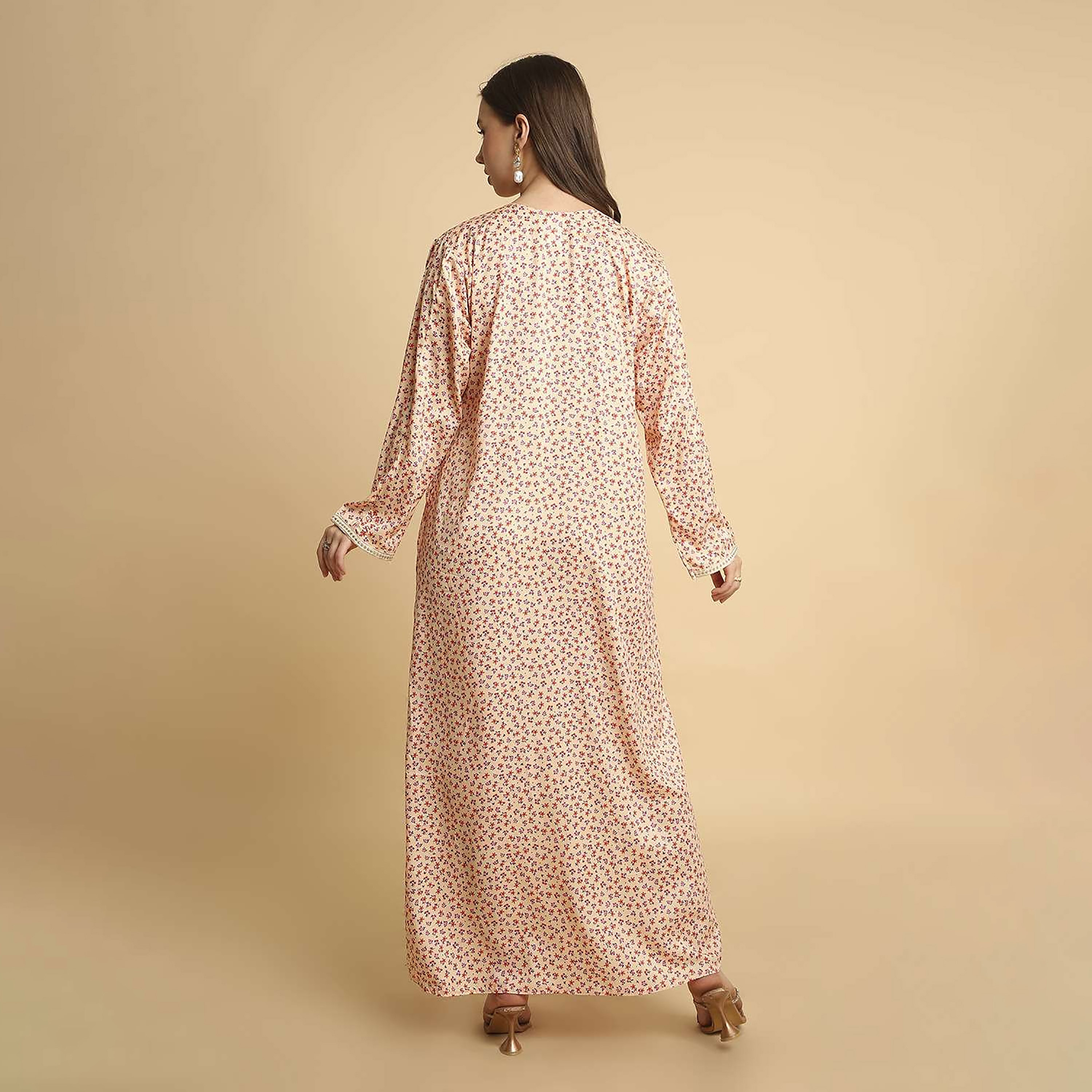 HanaandSara Floral Print Embroidered Yoke Round Neck Satin Women's Jalabiya-women-arabicclothing-jalabiyas-image-10