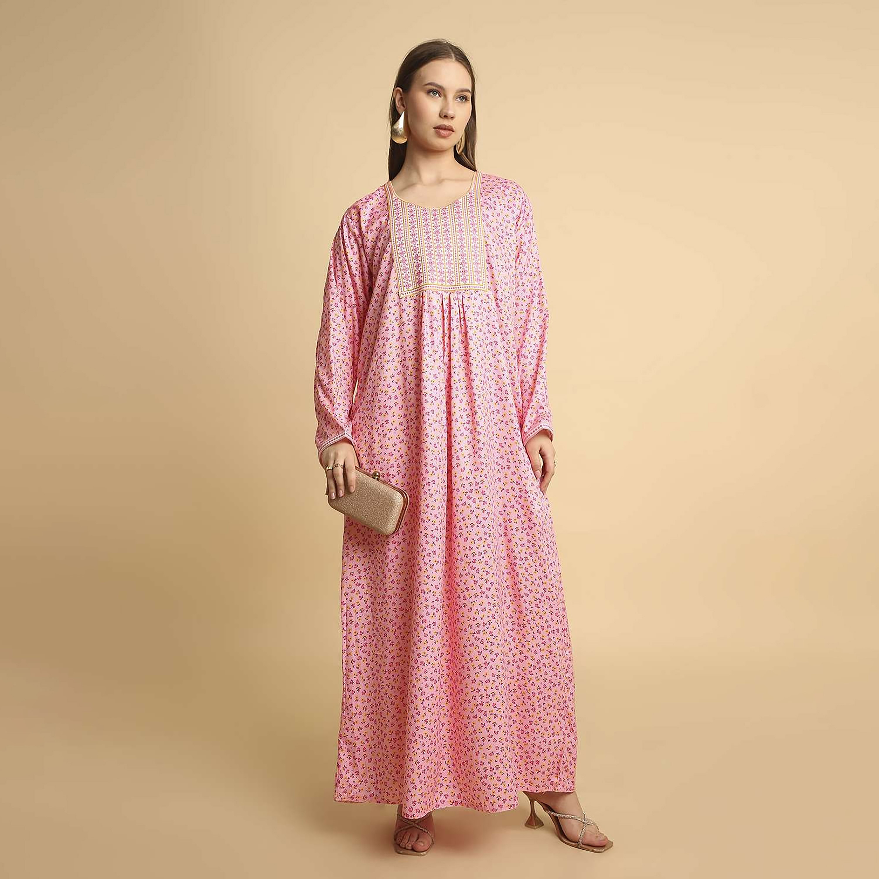HanaandSara Floral Print Embroidered Yoke Round Neck Satin Women's Jalabiya-women-arabicclothing-jalabiyas-image-11