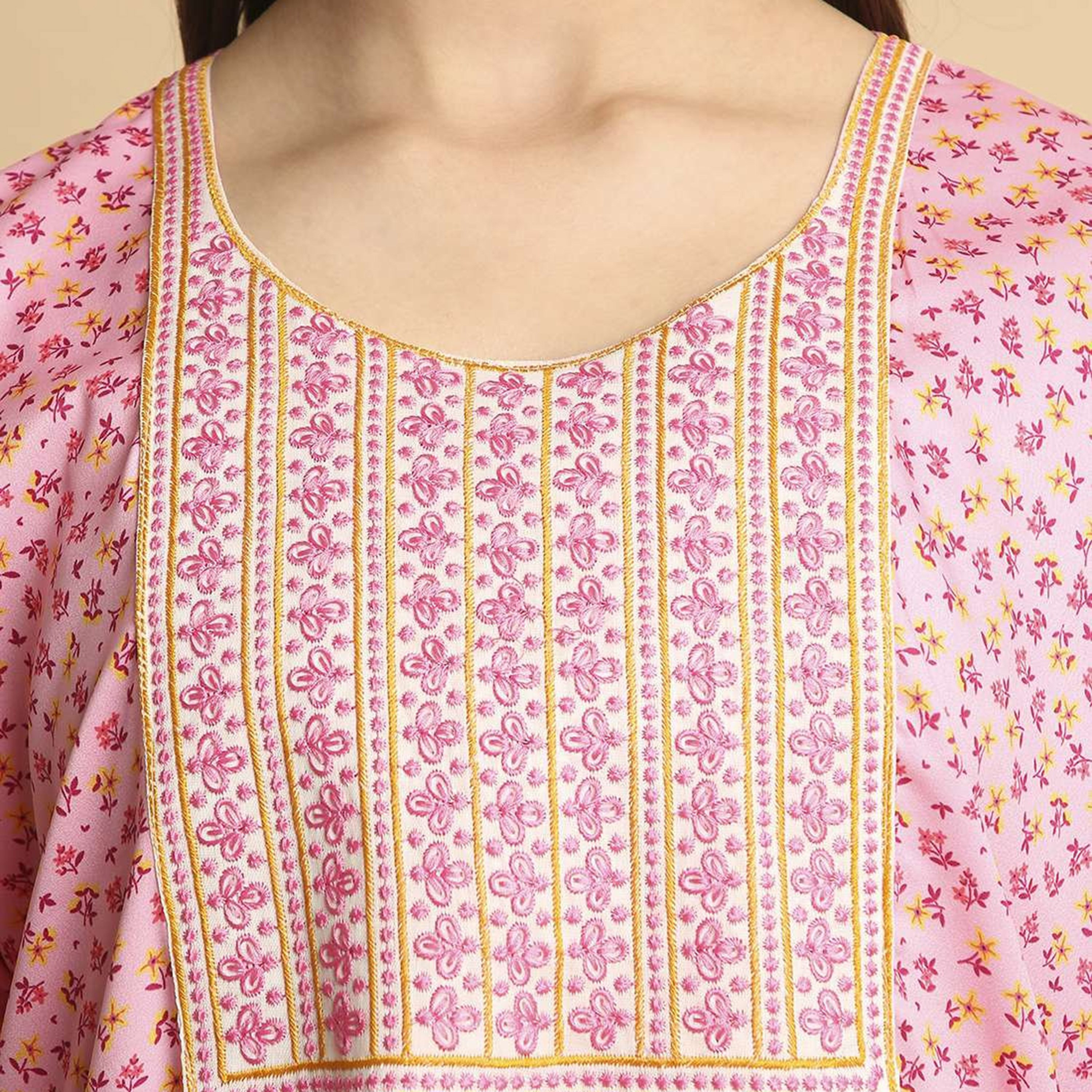 HanaandSara Floral Print Embroidered Yoke Round Neck Satin Women's Jalabiya-women-arabicclothing-jalabiyas-image-12