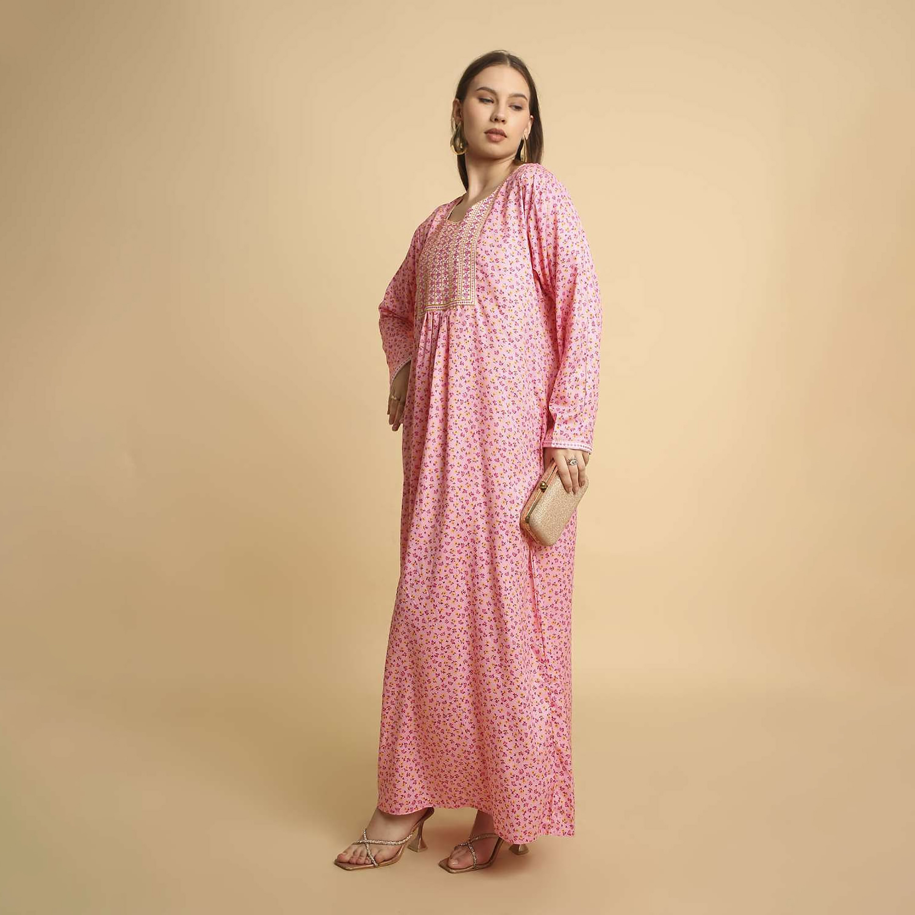 HanaandSara Floral Print Embroidered Yoke Round Neck Satin Women's Jalabiya-women-arabicclothing-jalabiyas-image-13