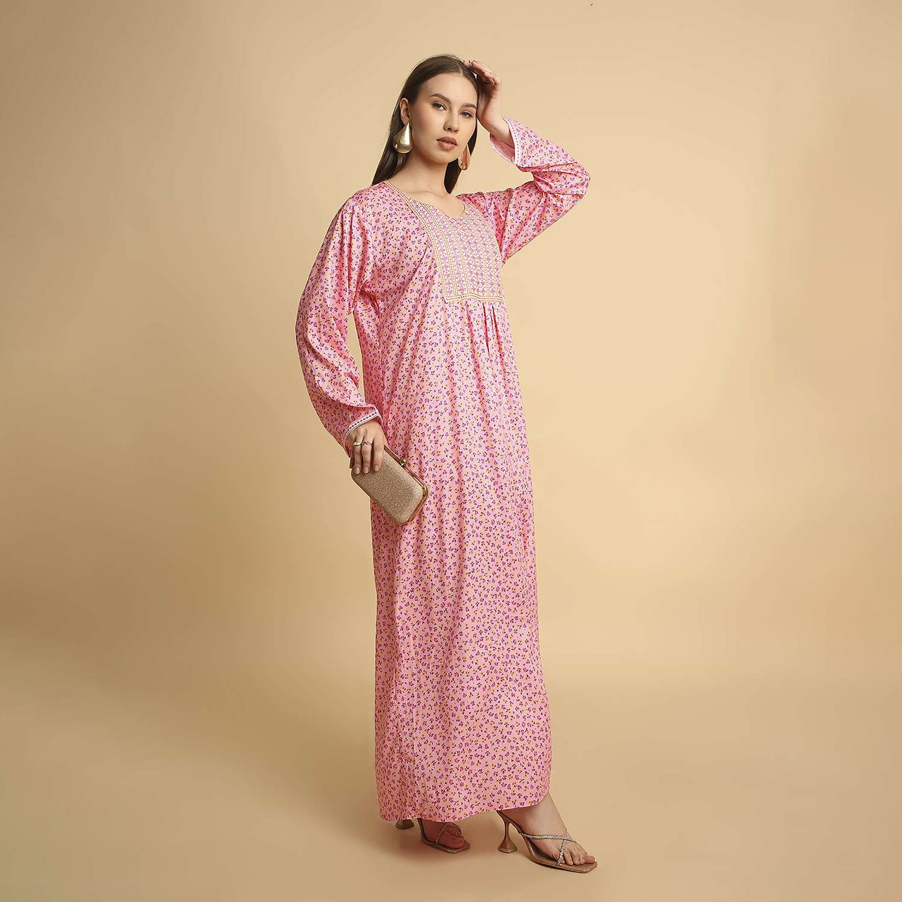 HanaandSara Floral Print Embroidered Yoke Round Neck Satin Women's Jalabiya-women-arabicclothing-jalabiyas-image-14