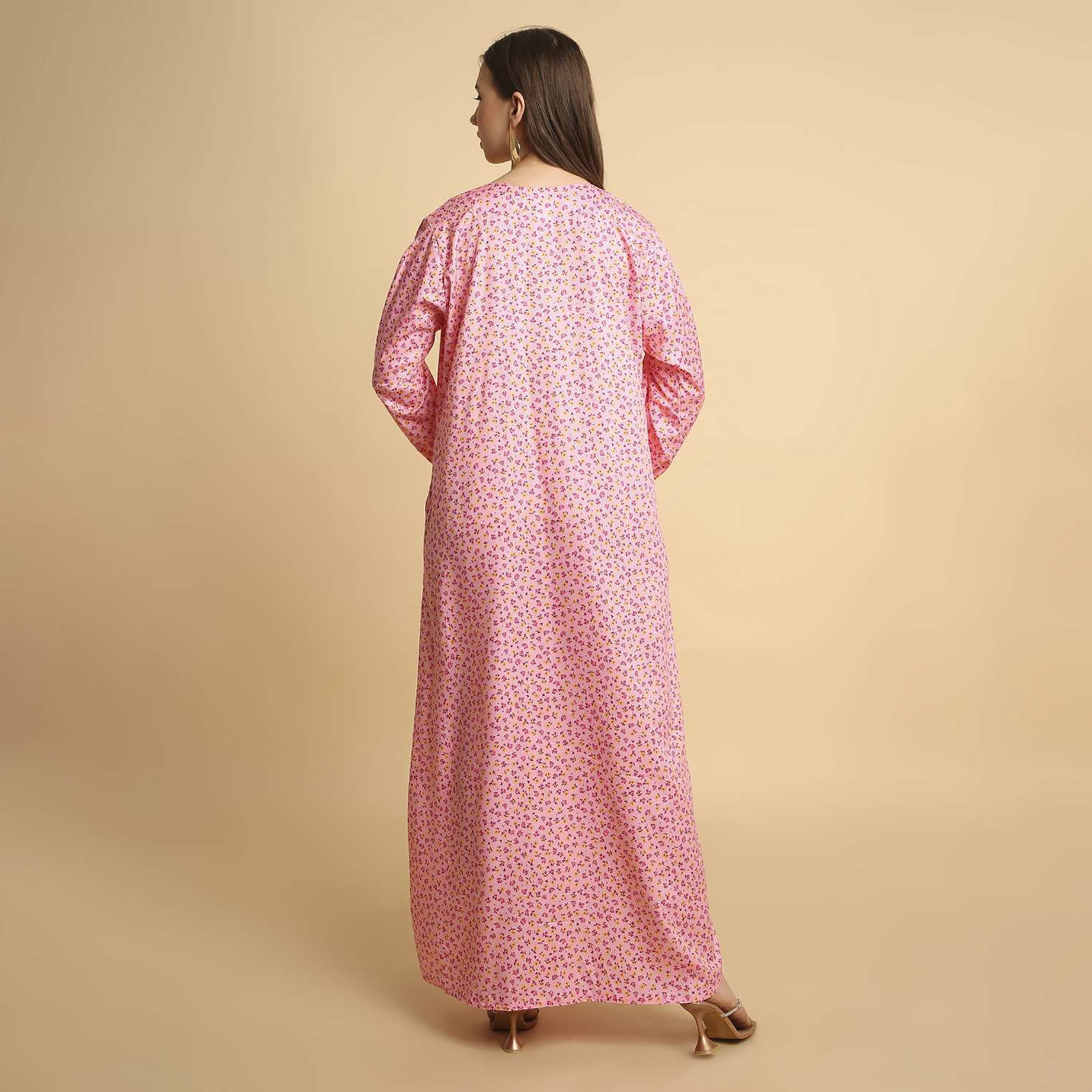 HanaandSara Floral Print Embroidered Yoke Round Neck Satin Women's Jalabiya-women-arabicclothing-jalabiyas-image-15