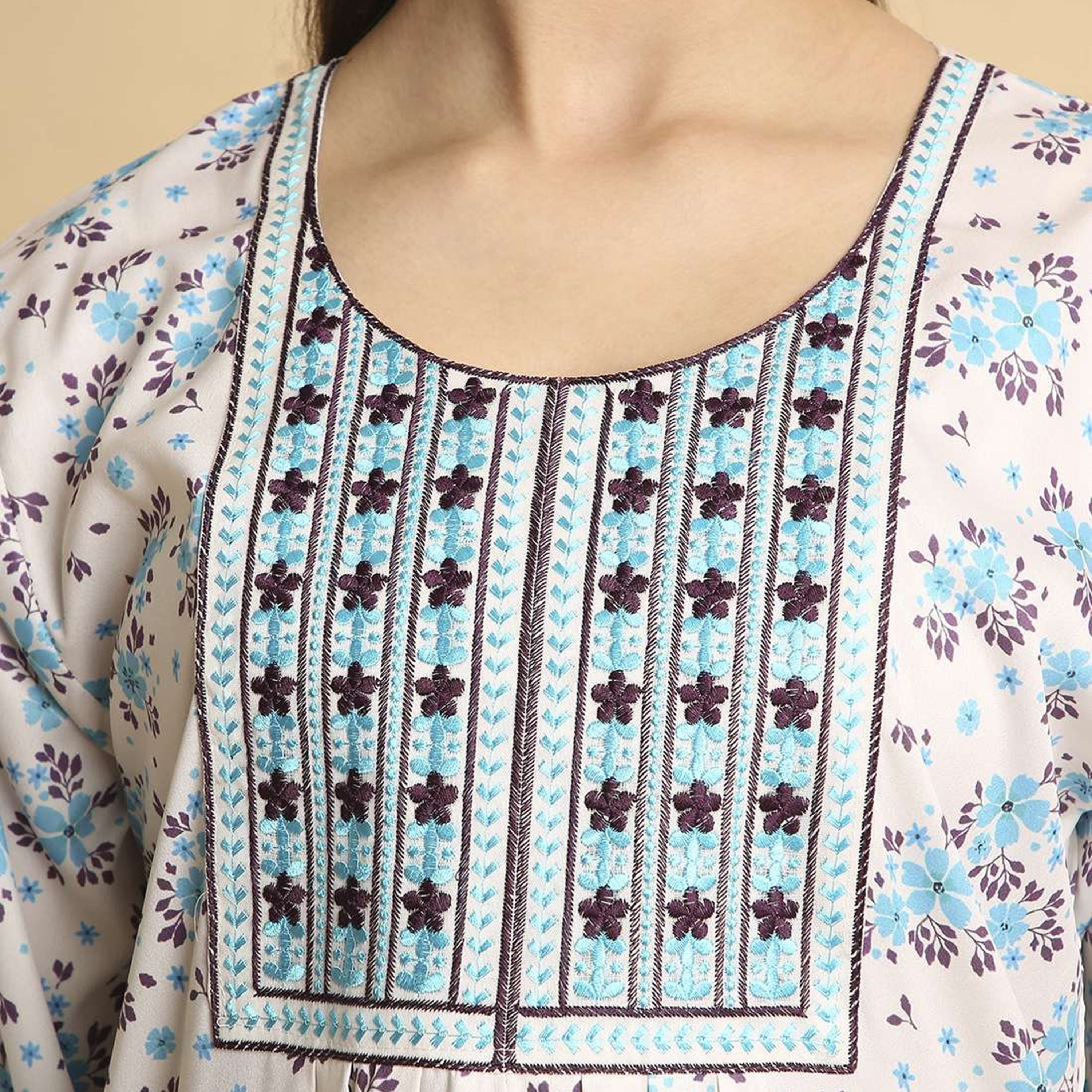 HanaandSara Floral Print Embroidered Yoke Round Neck Satin Women's Jalabiya-women-arabicclothing-jalabiyas-image-2