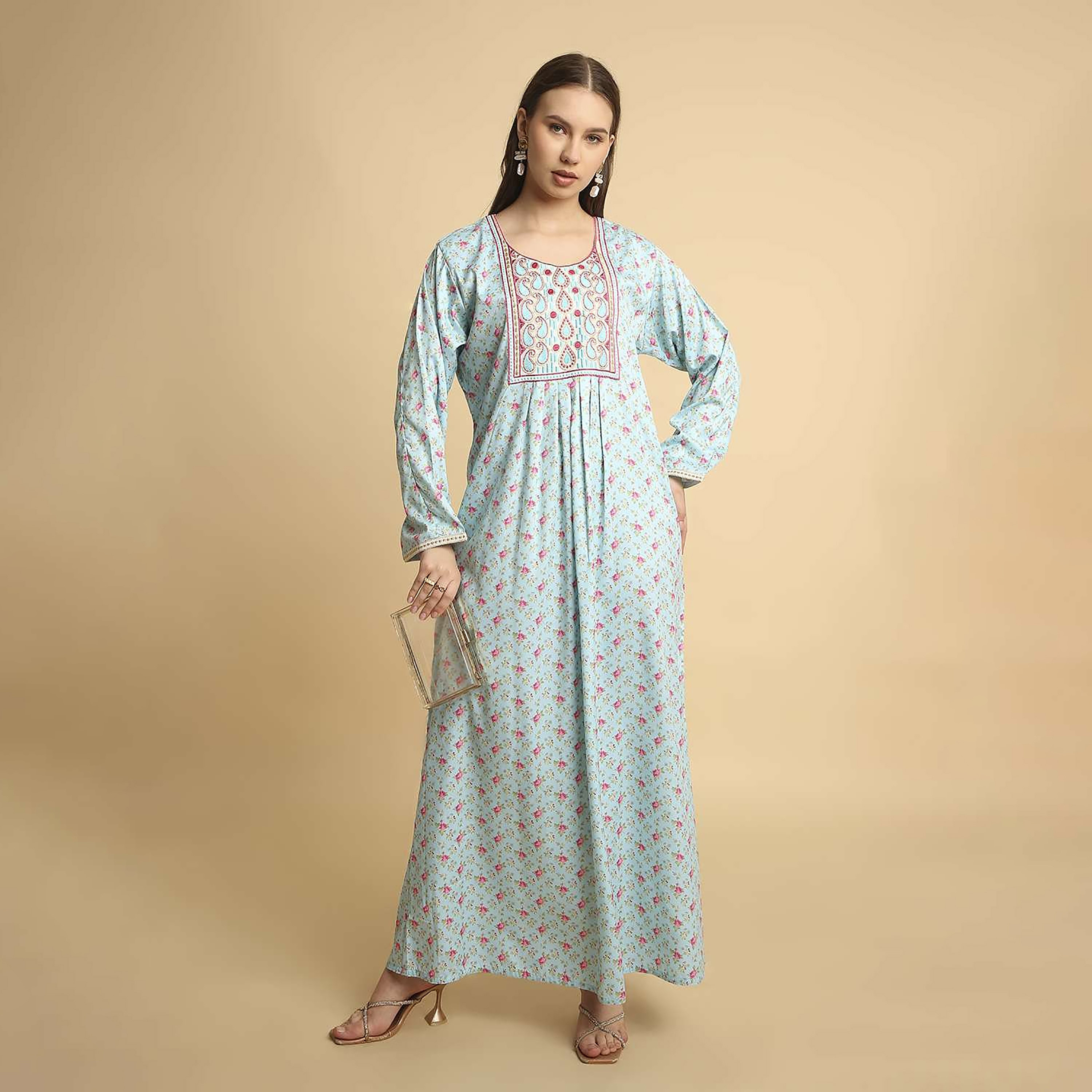HanaandSara Floral Print Paisley Embroidered Yoke Round Neck Satin Women's Jalabiya-women-arabicclothing-jalabiyas-image-6