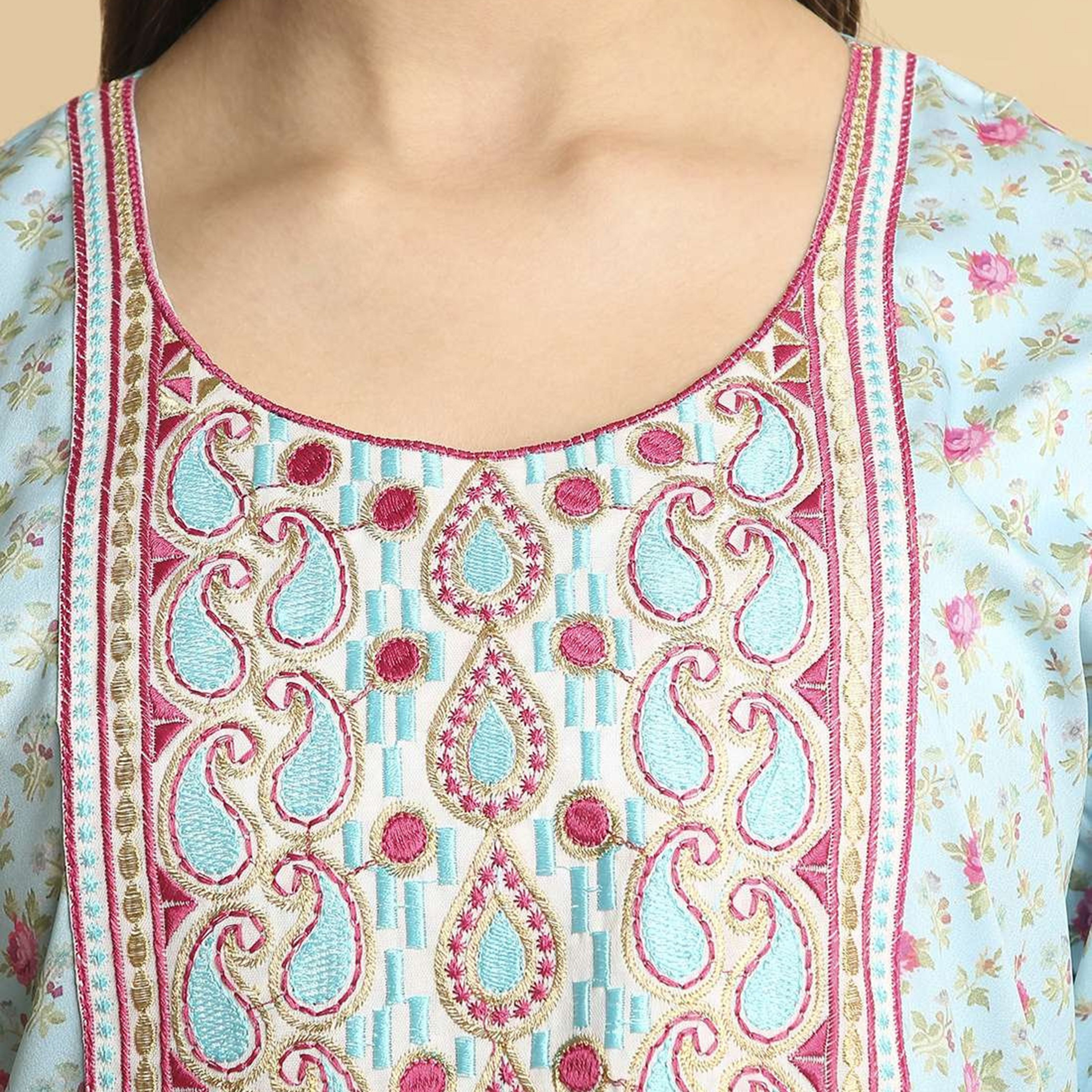 HanaandSara Floral Print Paisley Embroidered Yoke Round Neck Satin Women's Jalabiya-women-arabicclothing-jalabiyas-image-7