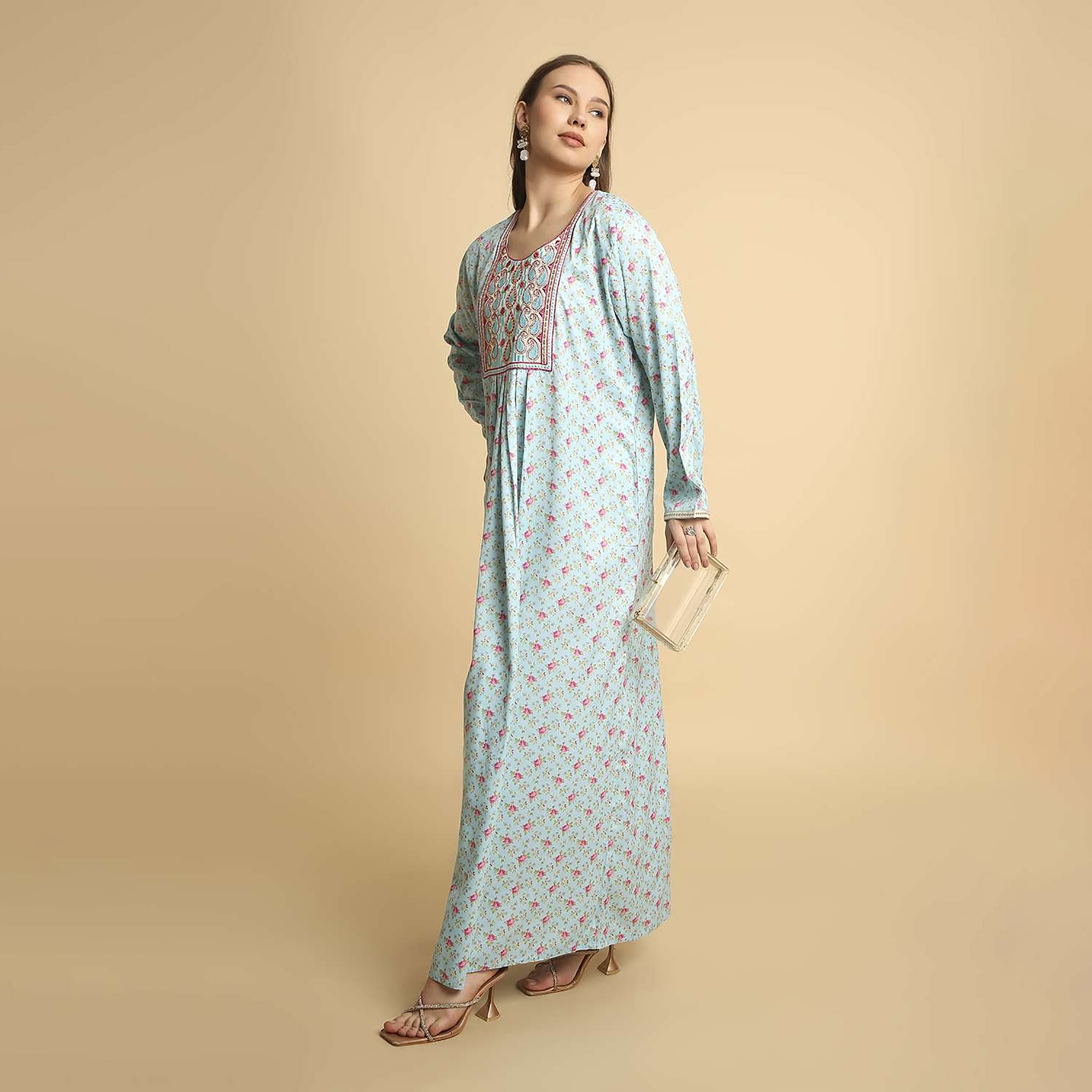 HanaandSara Floral Print Paisley Embroidered Yoke Round Neck Satin Women's Jalabiya-women-arabicclothing-jalabiyas-image-8