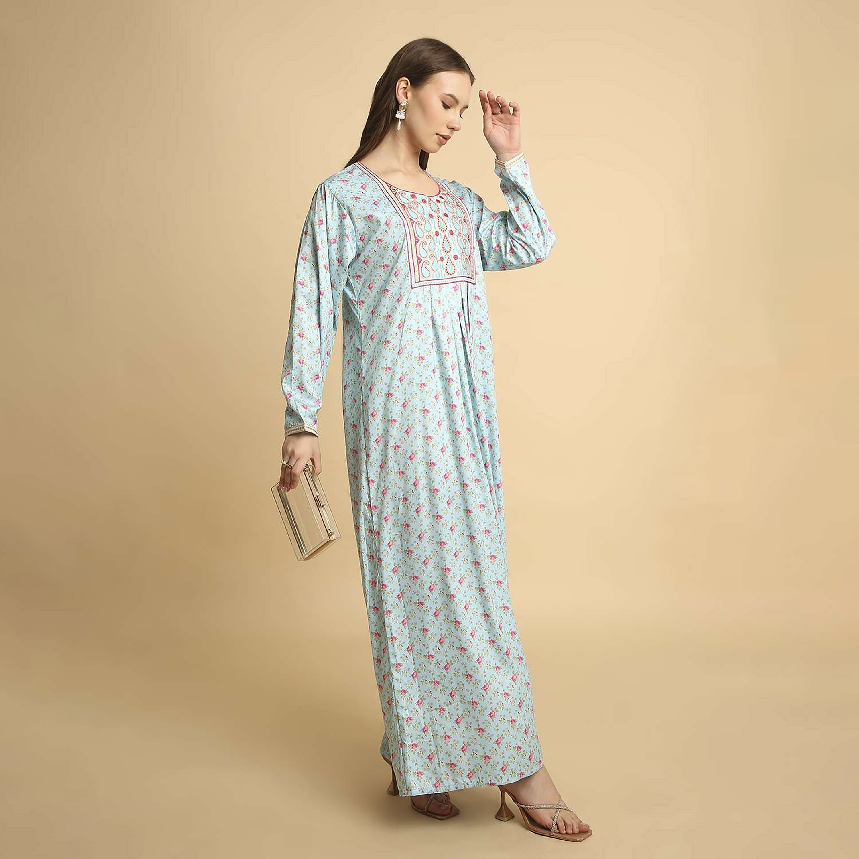 HanaandSara Floral Print Paisley Embroidered Yoke Round Neck Satin Women's Jalabiya-women-arabicclothing-jalabiyas-image-9