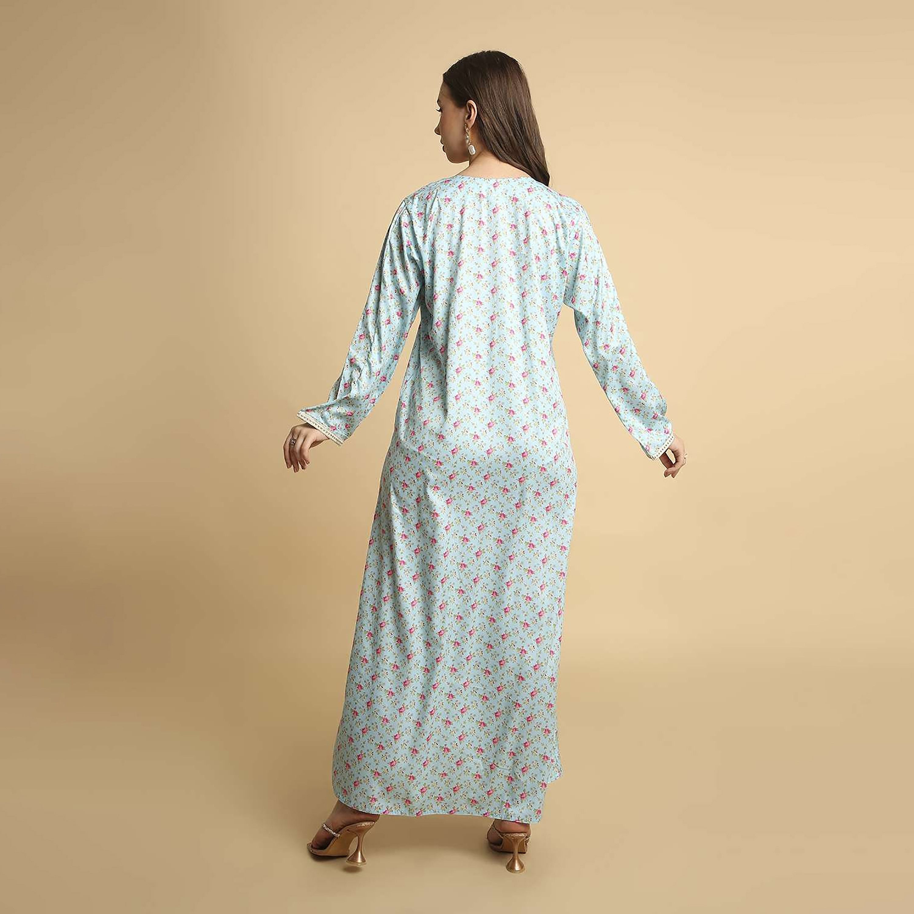HanaandSara Floral Print Paisley Embroidered Yoke Round Neck Satin Women's Jalabiya-women-arabicclothing-jalabiyas-image-10