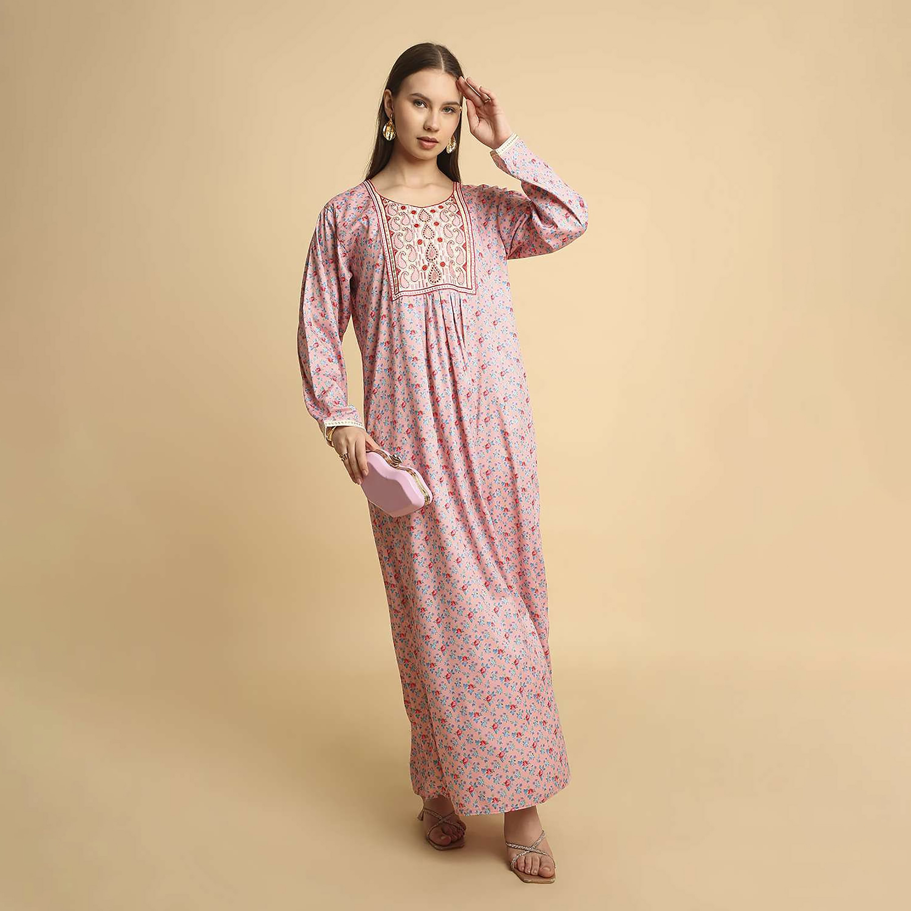HanaandSara Floral Print Paisley Embroidered Yoke Round Neck Satin Women's Jalabiya-women-arabicclothing-jalabiyas-image-1