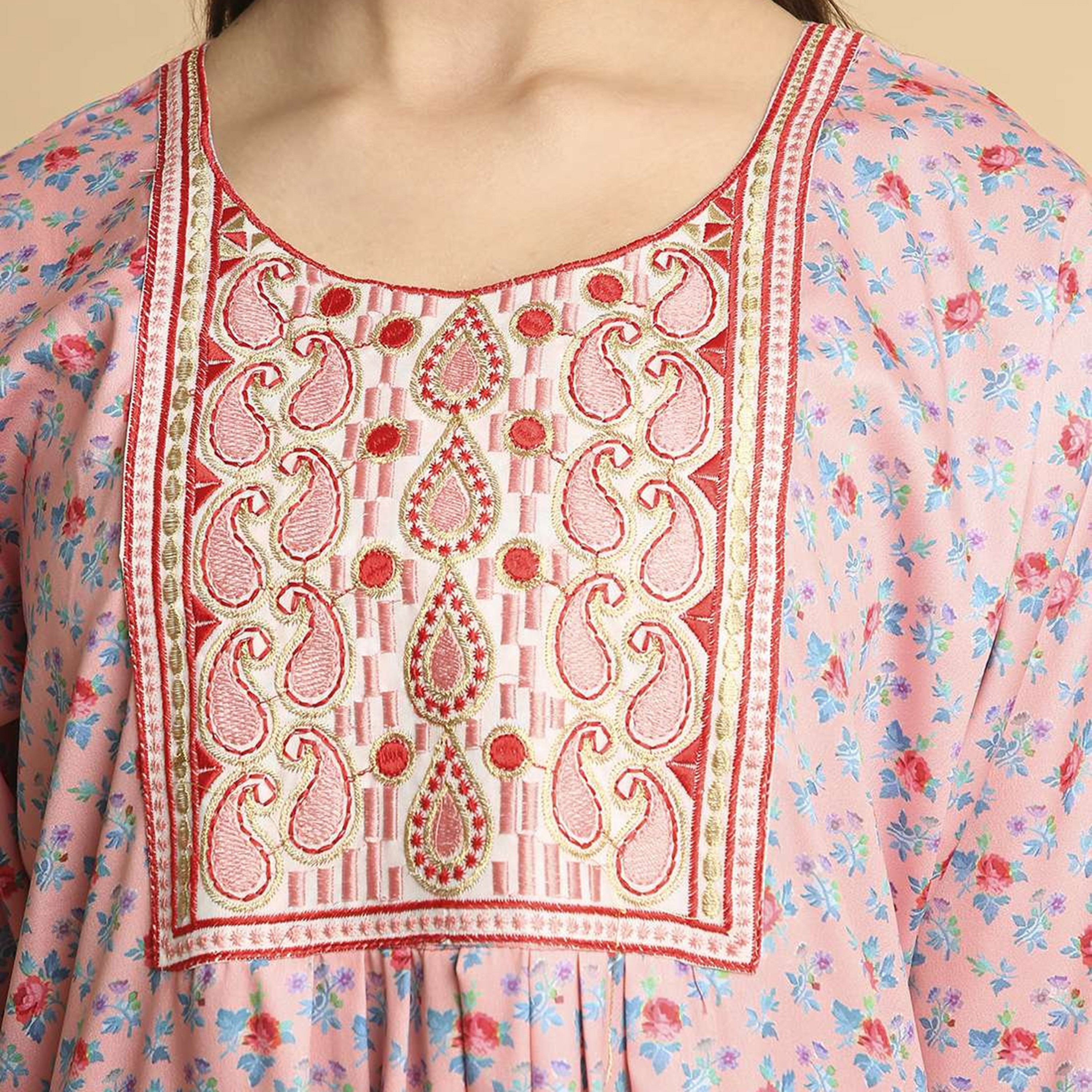 HanaandSara Floral Print Paisley Embroidered Yoke Round Neck Satin Women's Jalabiya-women-arabicclothing-jalabiyas-image-2