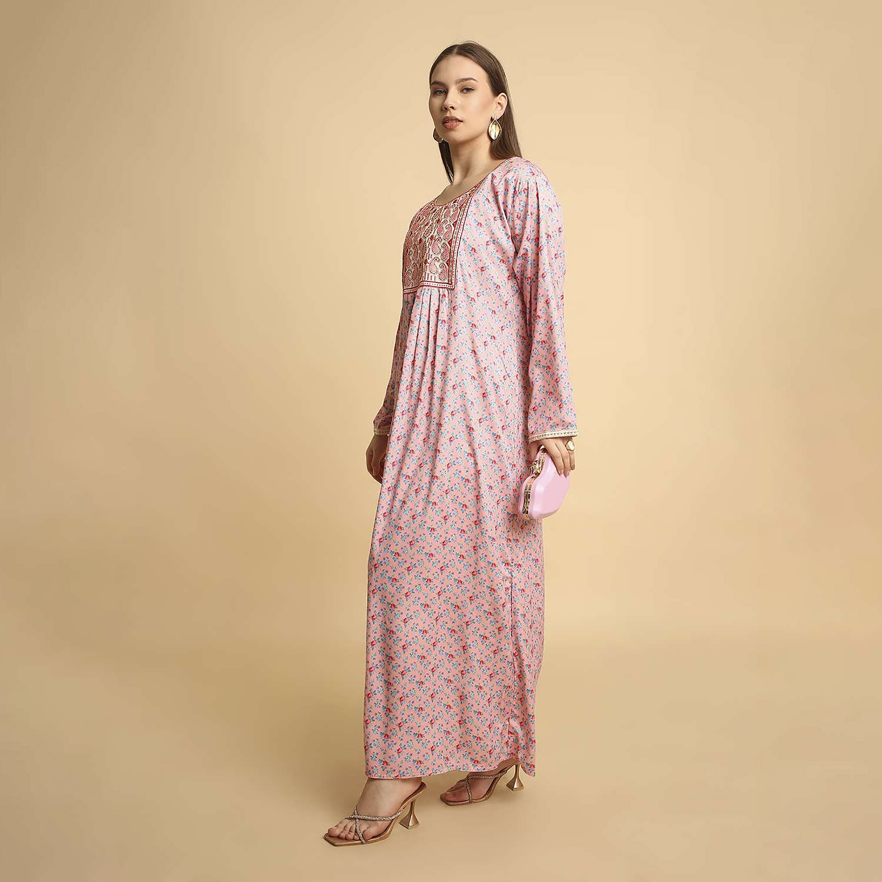 HanaandSara Floral Print Paisley Embroidered Yoke Round Neck Satin Women's Jalabiya-women-arabicclothing-jalabiyas-image-3