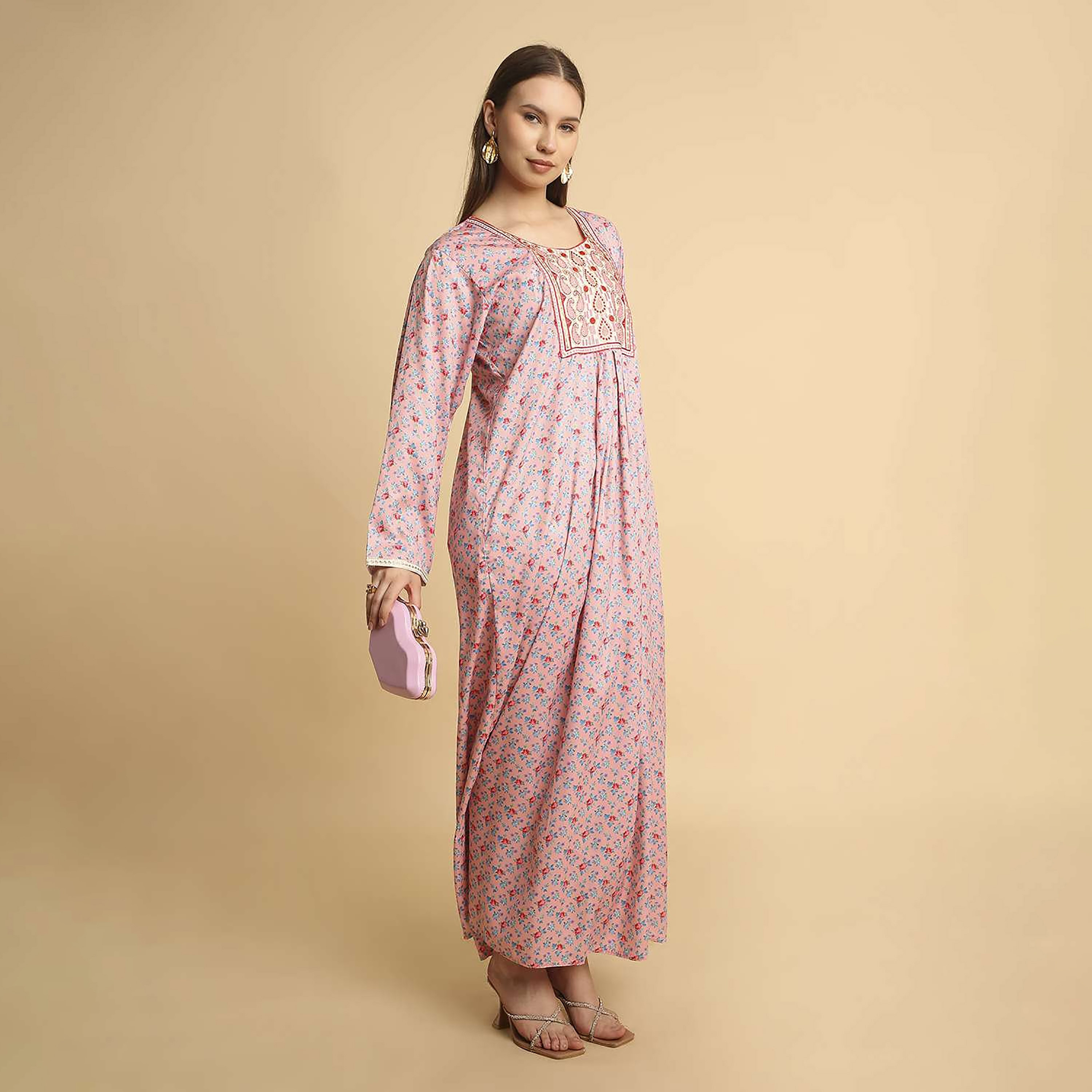 HanaandSara Floral Print Paisley Embroidered Yoke Round Neck Satin Women's Jalabiya-women-arabicclothing-jalabiyas-image-4