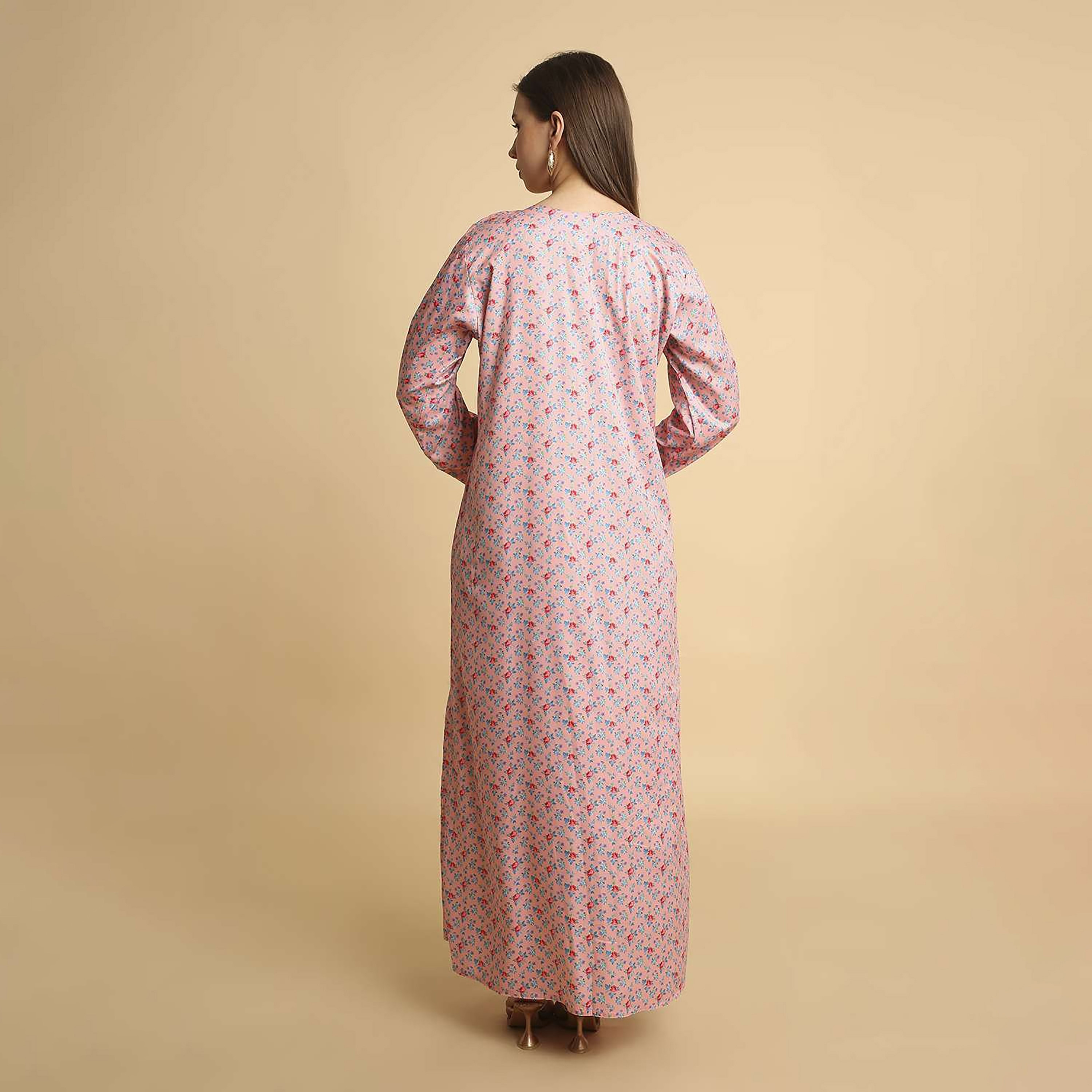 HanaandSara Floral Print Paisley Embroidered Yoke Round Neck Satin Women's Jalabiya-women-arabicclothing-jalabiyas-image-5