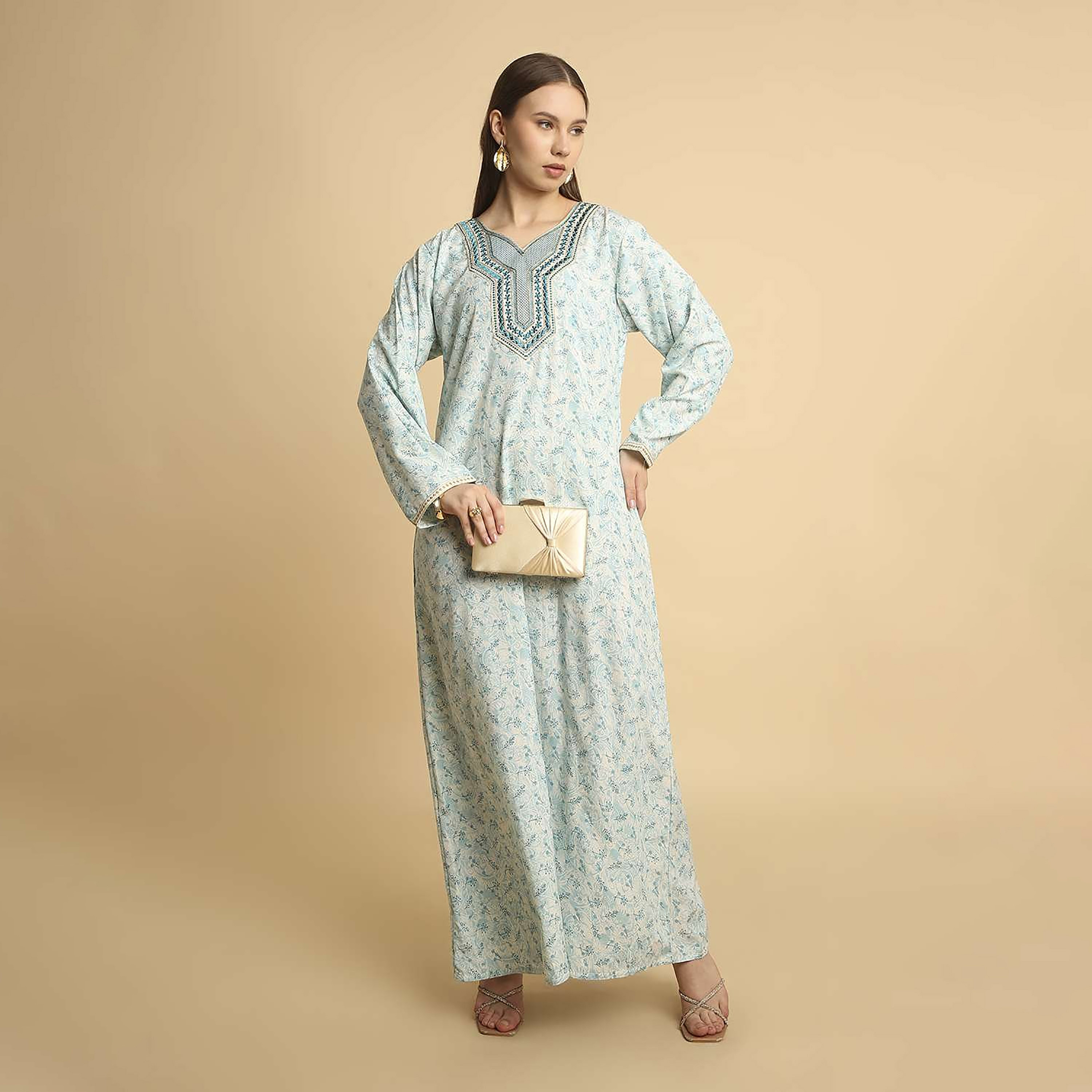 HanaandSara Ditsy Print Embroidered Yoke Notched Round Neck Women's Jalabiya-women-arabicclothing-jalabiyas-image-6