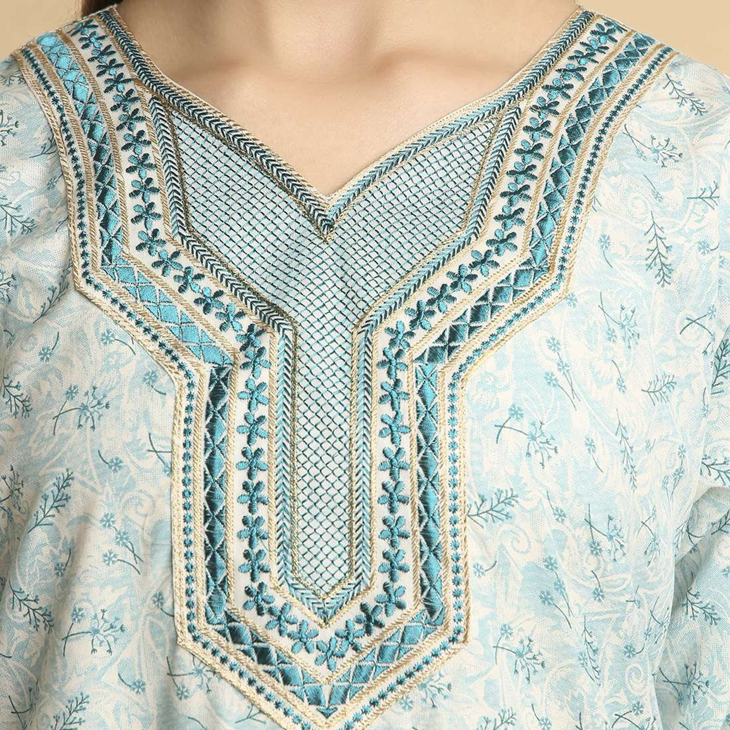 HanaandSara Ditsy Print Embroidered Yoke Notched Round Neck Women's Jalabiya-women-arabicclothing-jalabiyas-image-7
