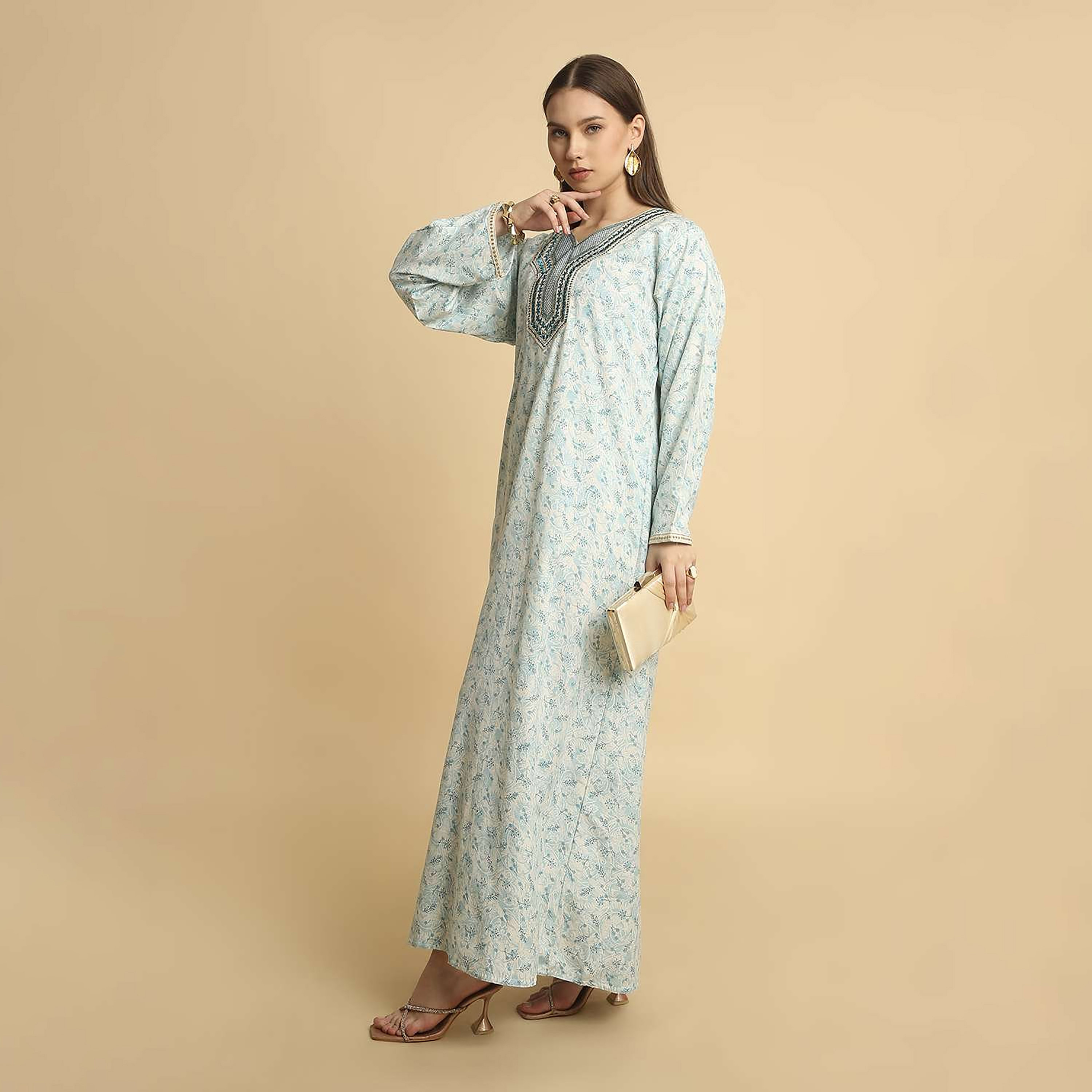 HanaandSara Ditsy Print Embroidered Yoke Notched Round Neck Women's Jalabiya-women-arabicclothing-jalabiyas-image-8