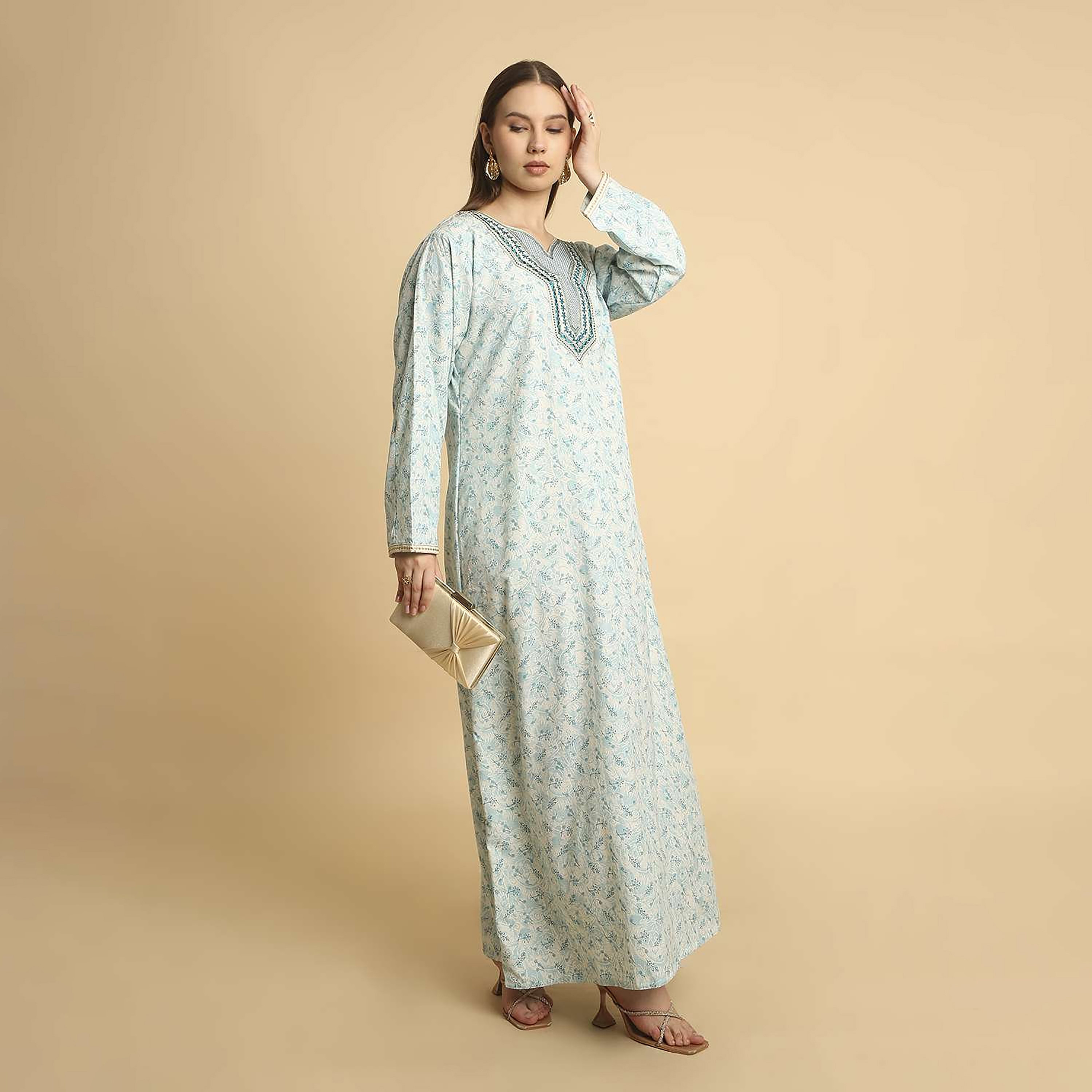 HanaandSara Ditsy Print Embroidered Yoke Notched Round Neck Women's Jalabiya-women-arabicclothing-jalabiyas-image-9