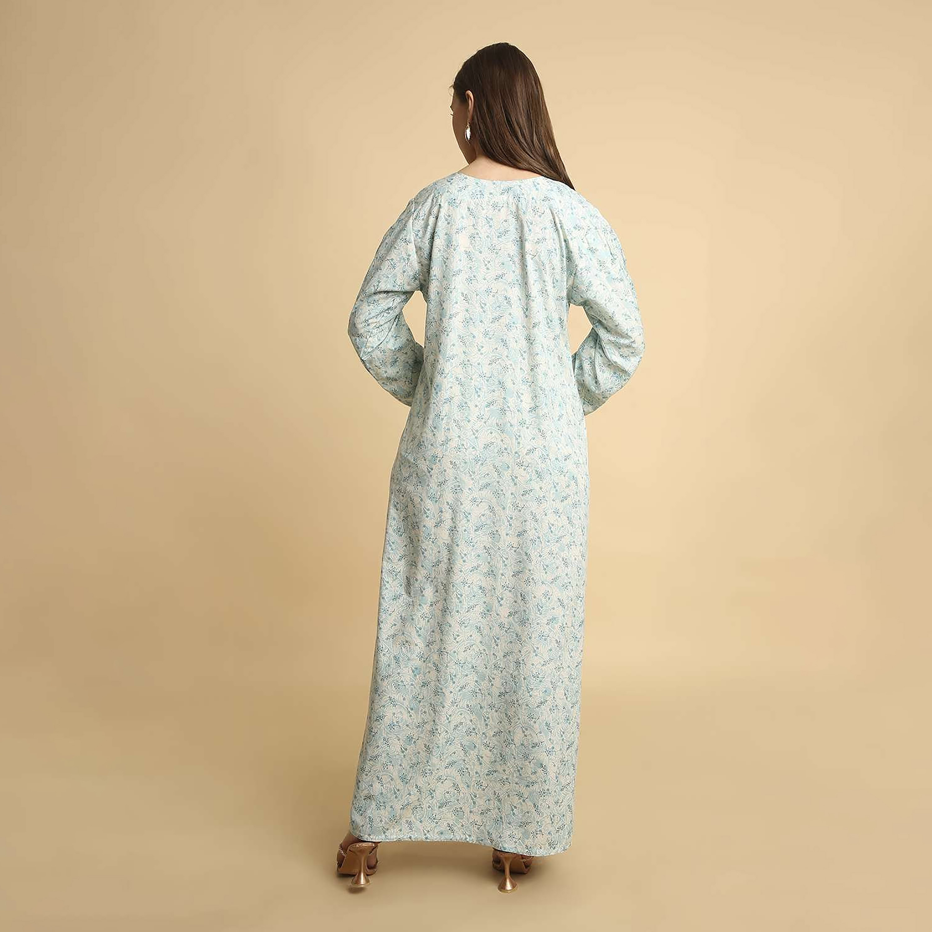 HanaandSara Ditsy Print Embroidered Yoke Notched Round Neck Women's Jalabiya-women-arabicclothing-jalabiyas-image-10