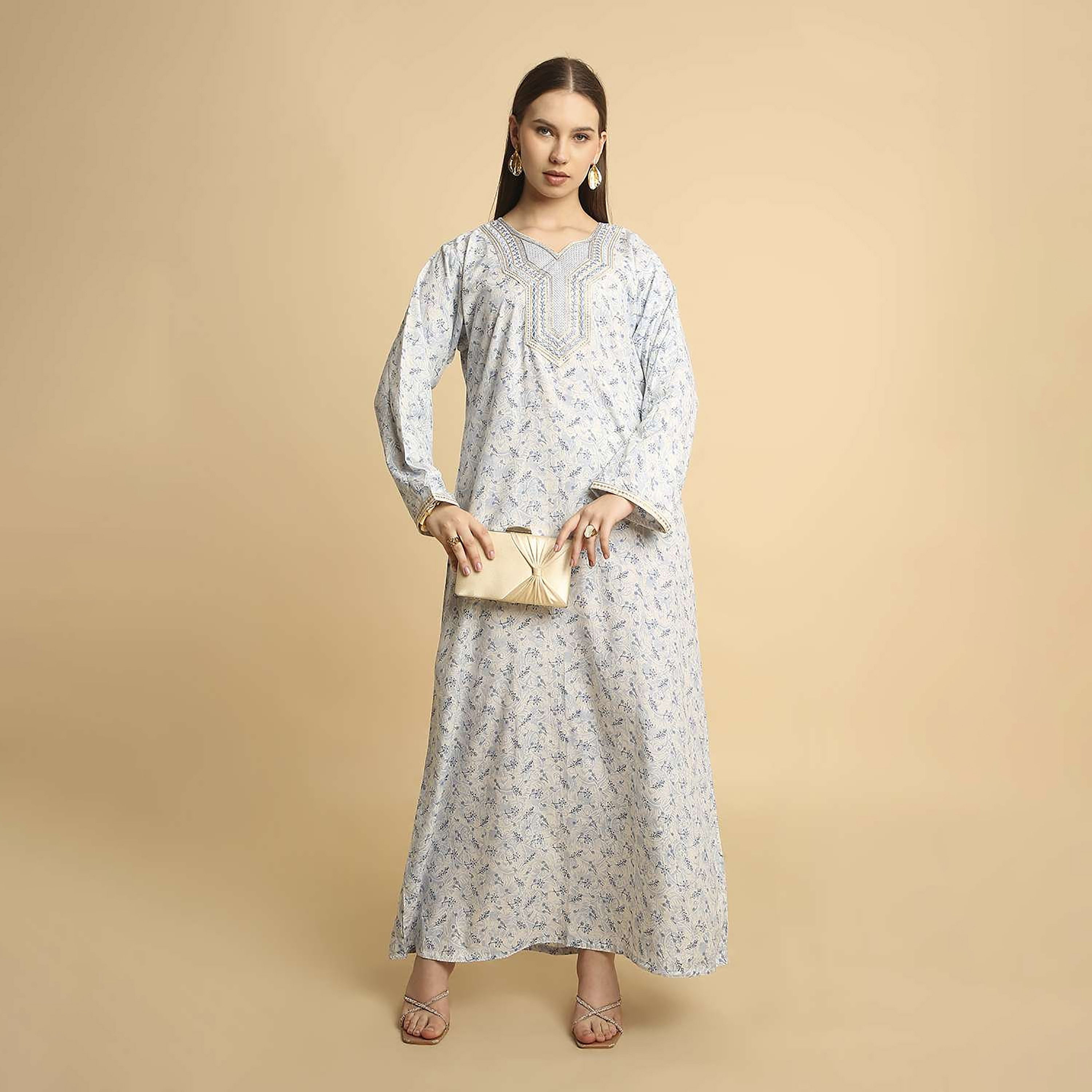 HanaandSara Ditsy Print Embroidered Yoke Notched Round Neck Women's Jalabiya-women-arabicclothing-jalabiyas-image-1