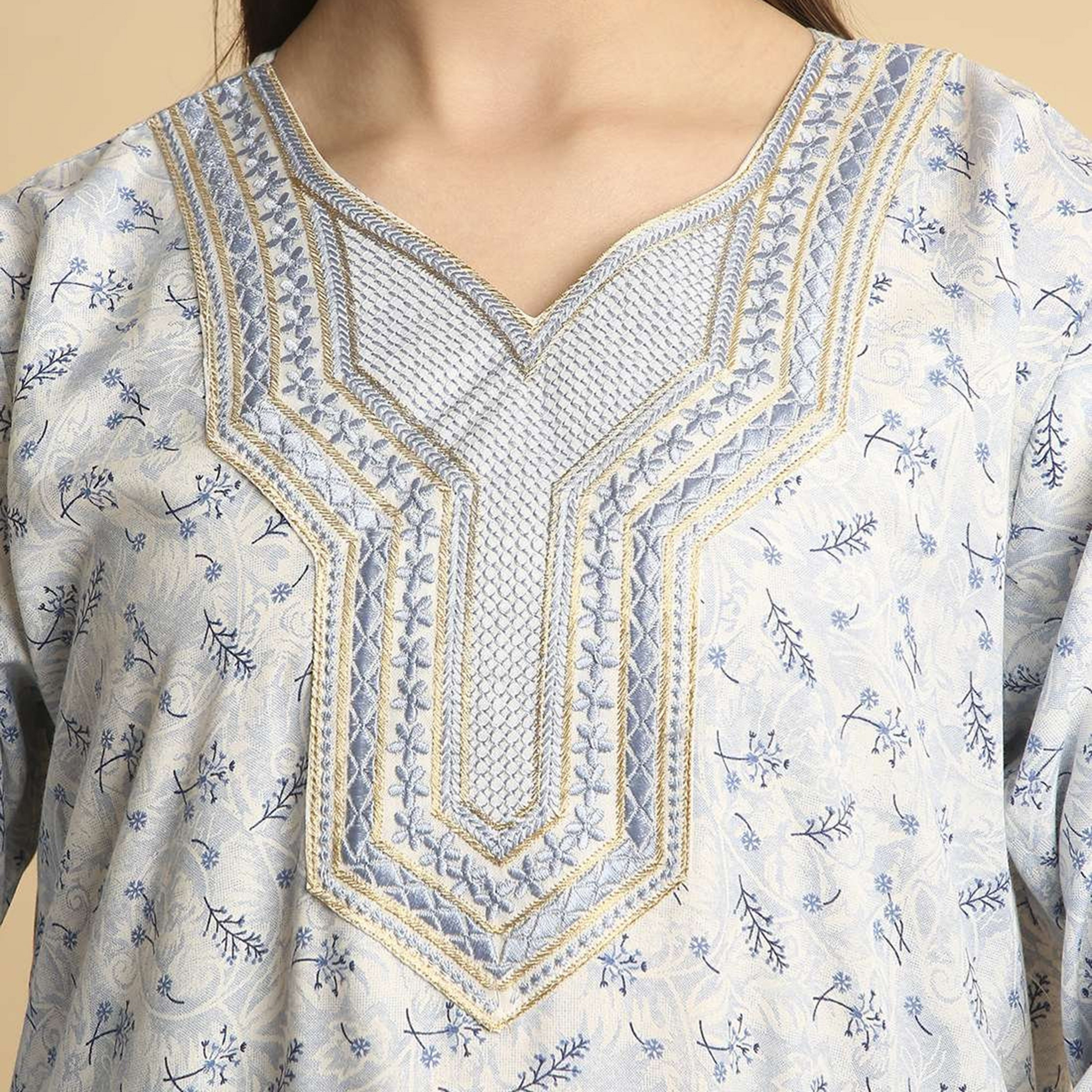 HanaandSara Ditsy Print Embroidered Yoke Notched Round Neck Women's Jalabiya-women-arabicclothing-jalabiyas-image-2