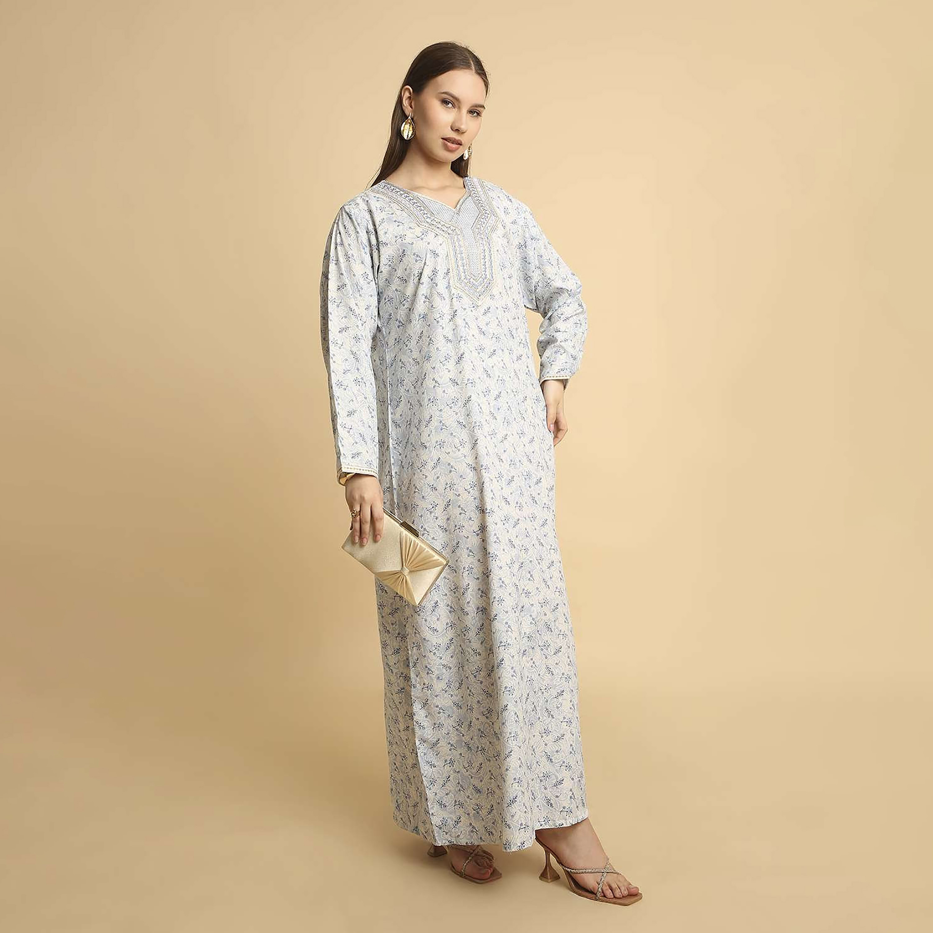 HanaandSara Ditsy Print Embroidered Yoke Notched Round Neck Women's Jalabiya-women-arabicclothing-jalabiyas-image-3