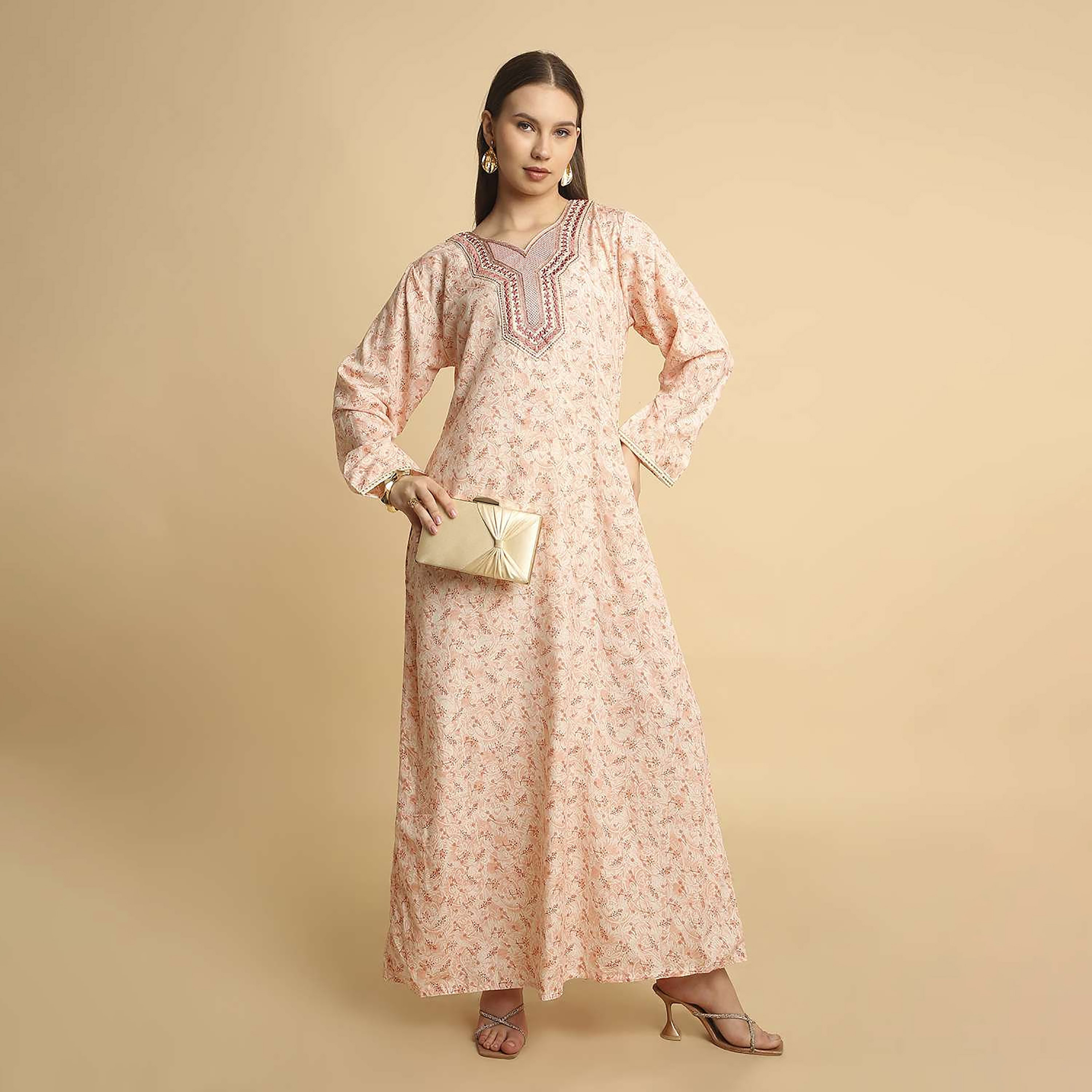 HanaandSara Ditsy Print Embroidered Yoke Notched Round Neck Women's Jalabiya-women-arabicclothing-jalabiyas-image-11