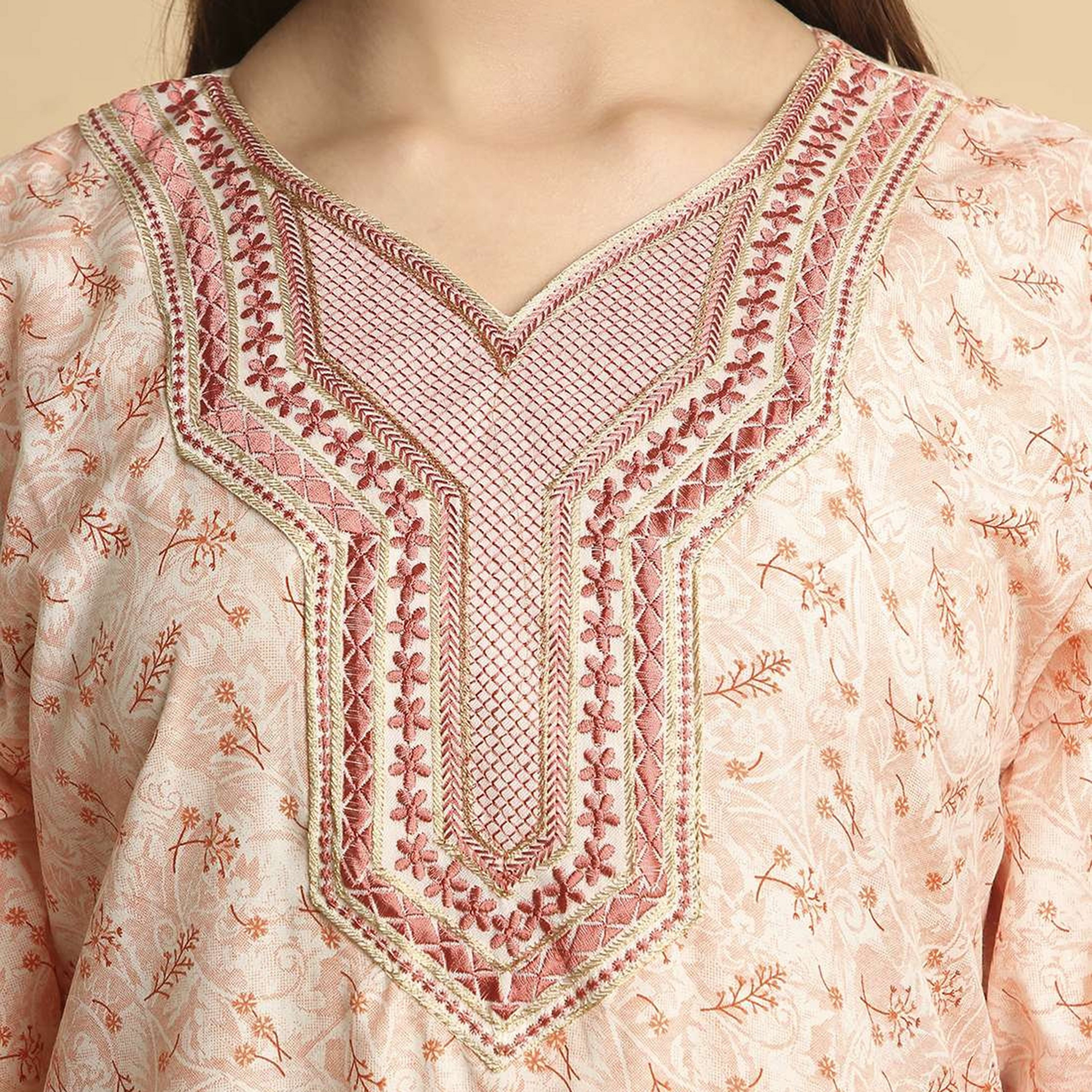 HanaandSara Ditsy Print Embroidered Yoke Notched Round Neck Women's Jalabiya-women-arabicclothing-jalabiyas-image-12