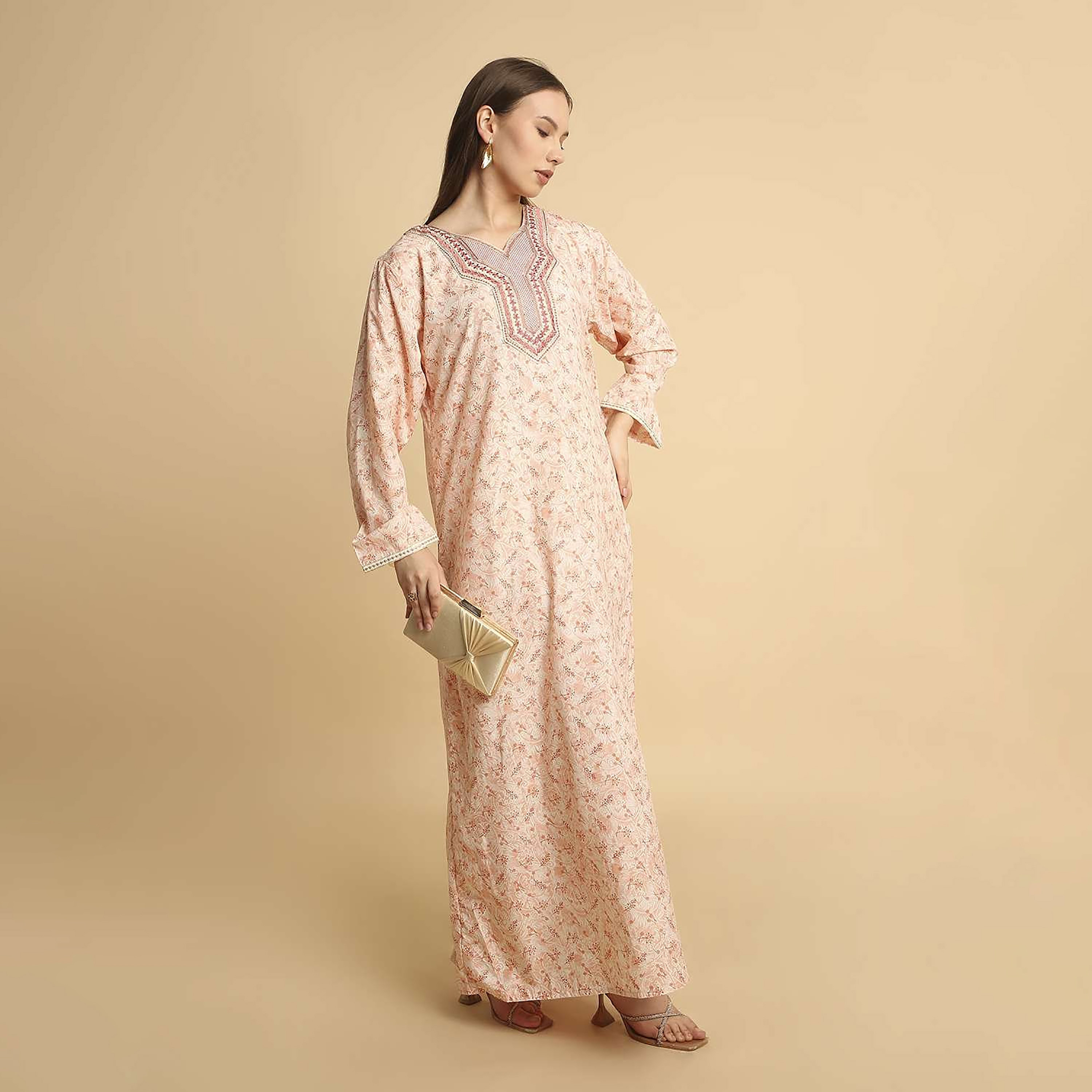 HanaandSara Ditsy Print Embroidered Yoke Notched Round Neck Women's Jalabiya-women-arabicclothing-jalabiyas-image-13