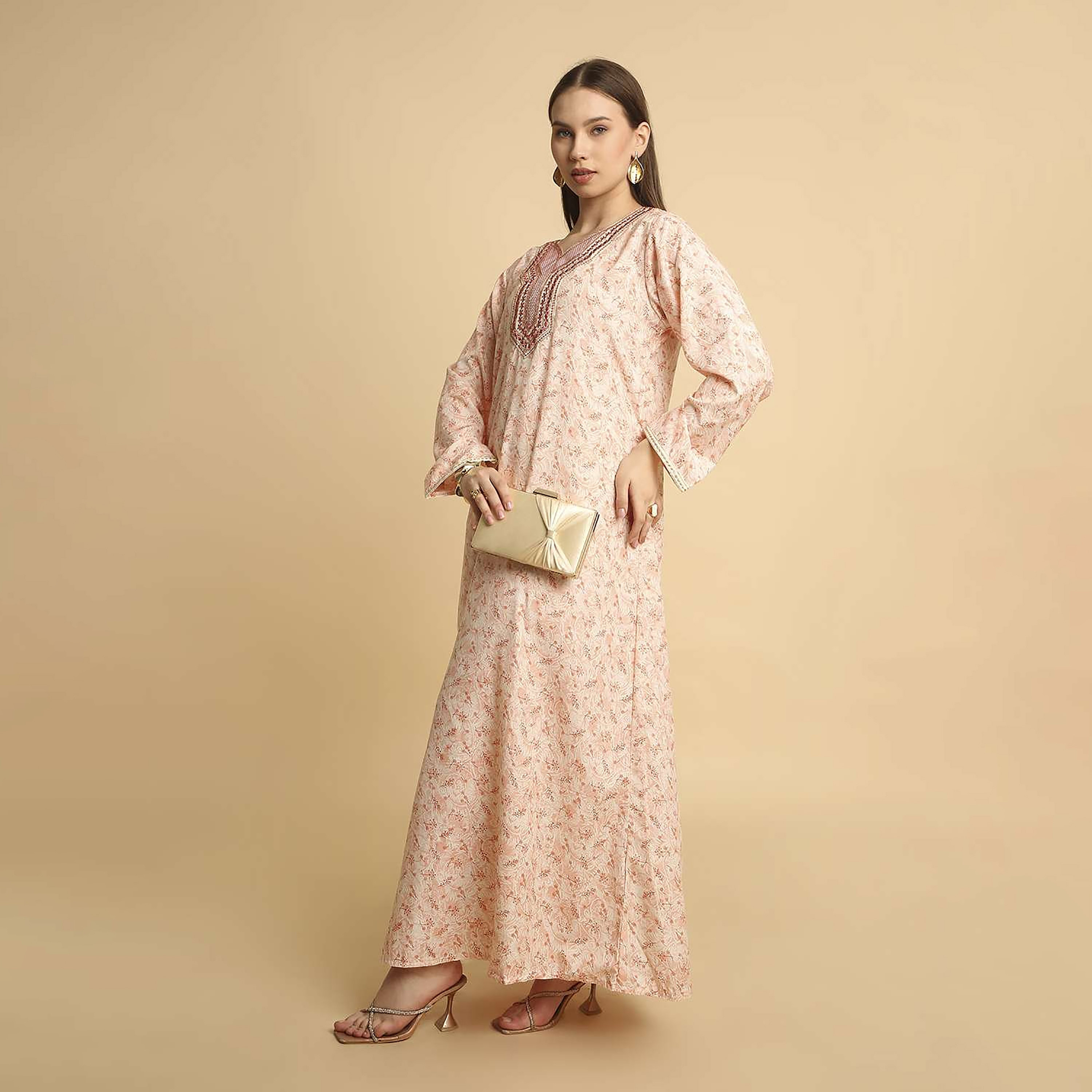 HanaandSara Ditsy Print Embroidered Yoke Notched Round Neck Women's Jalabiya-women-arabicclothing-jalabiyas-image-14
