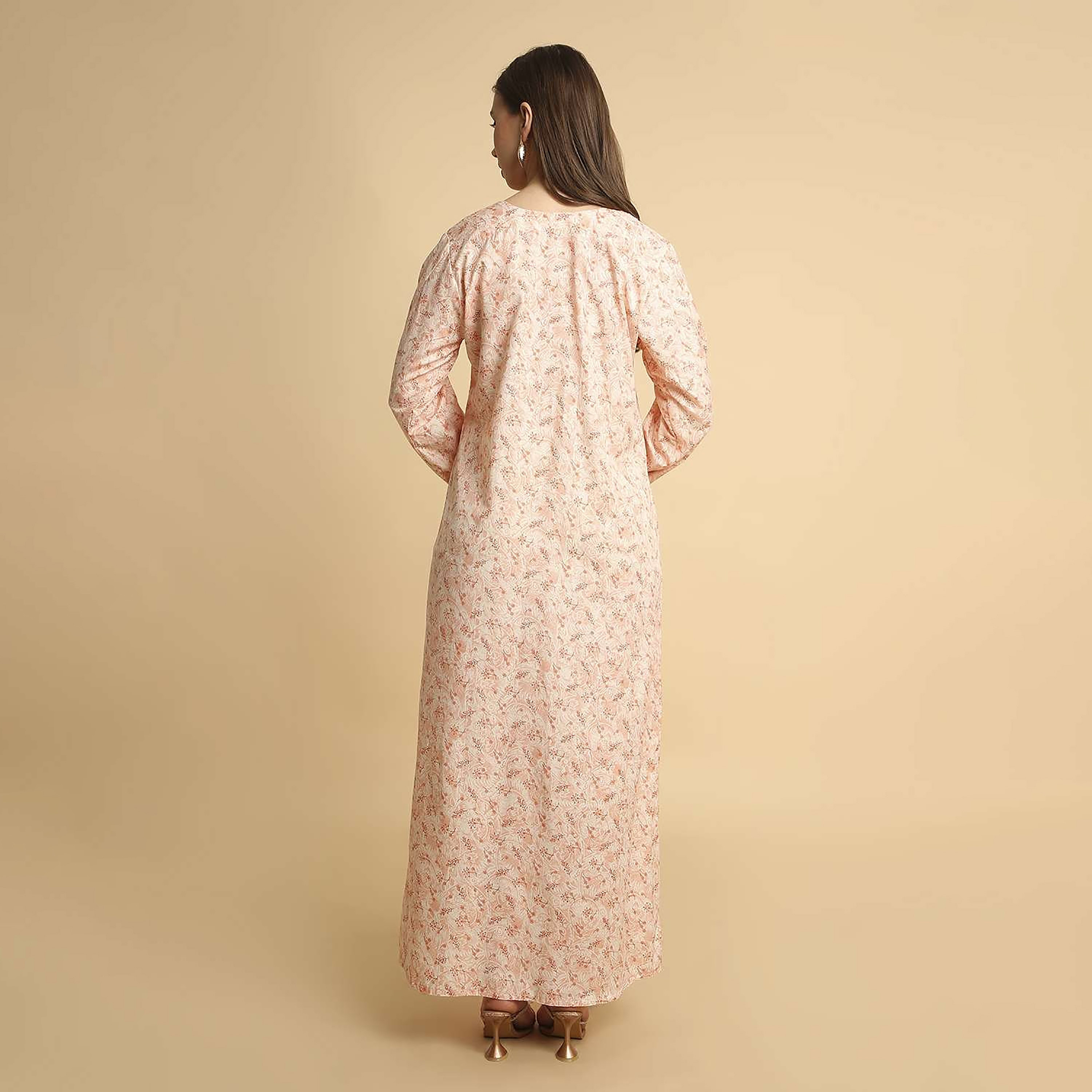 HanaandSara Ditsy Print Embroidered Yoke Notched Round Neck Women's Jalabiya-women-arabicclothing-jalabiyas-image-15